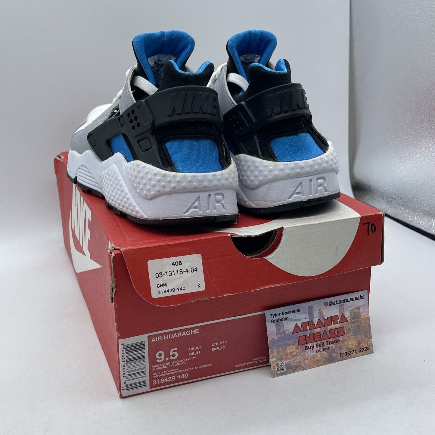 Size 9.5 - Nike Air Huarache Blue Hero Black Grey White Suede (318429-140)