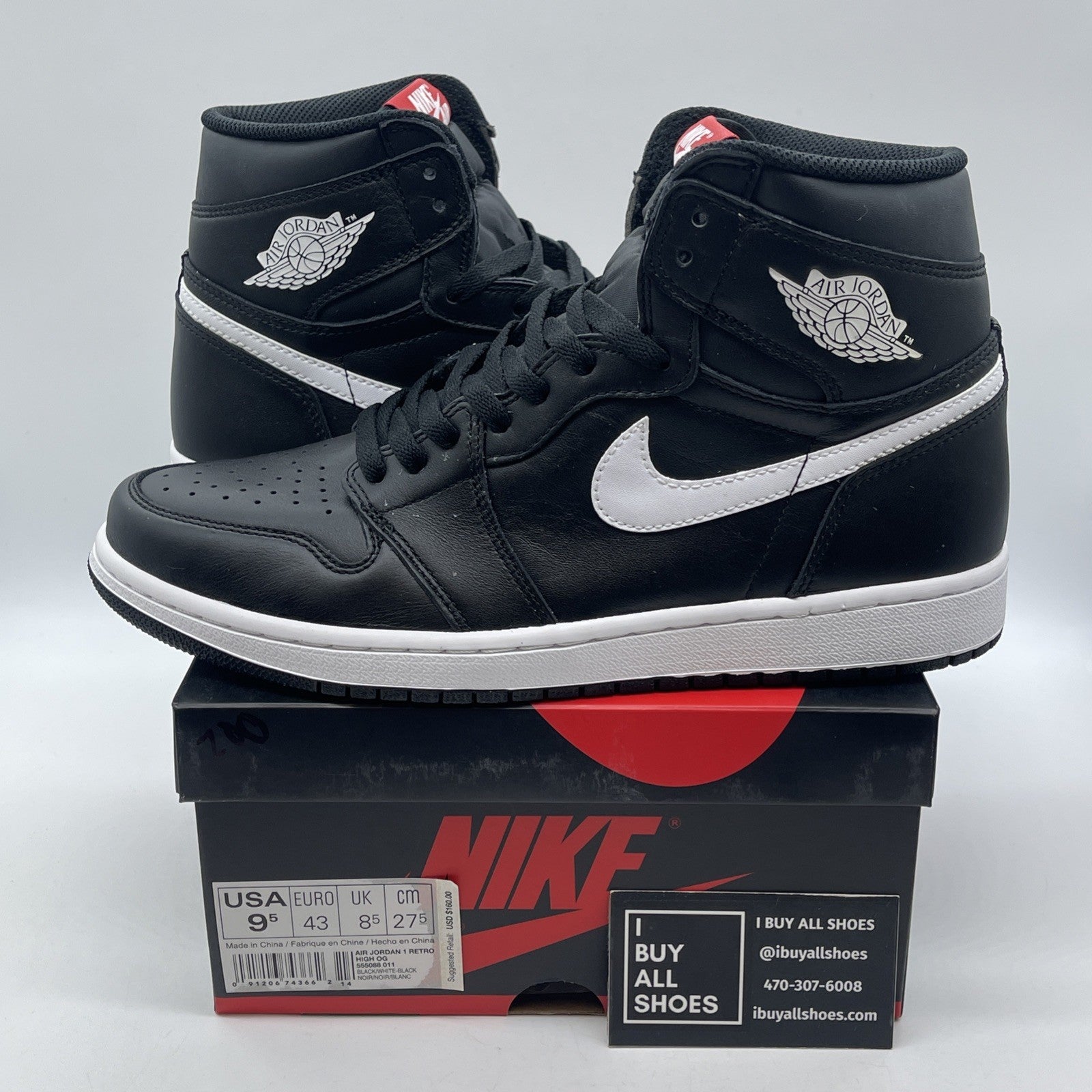Size 9.5 - Air Jordan 1 Retro OG Prm High Yin Yang Black Leather (555088-011)