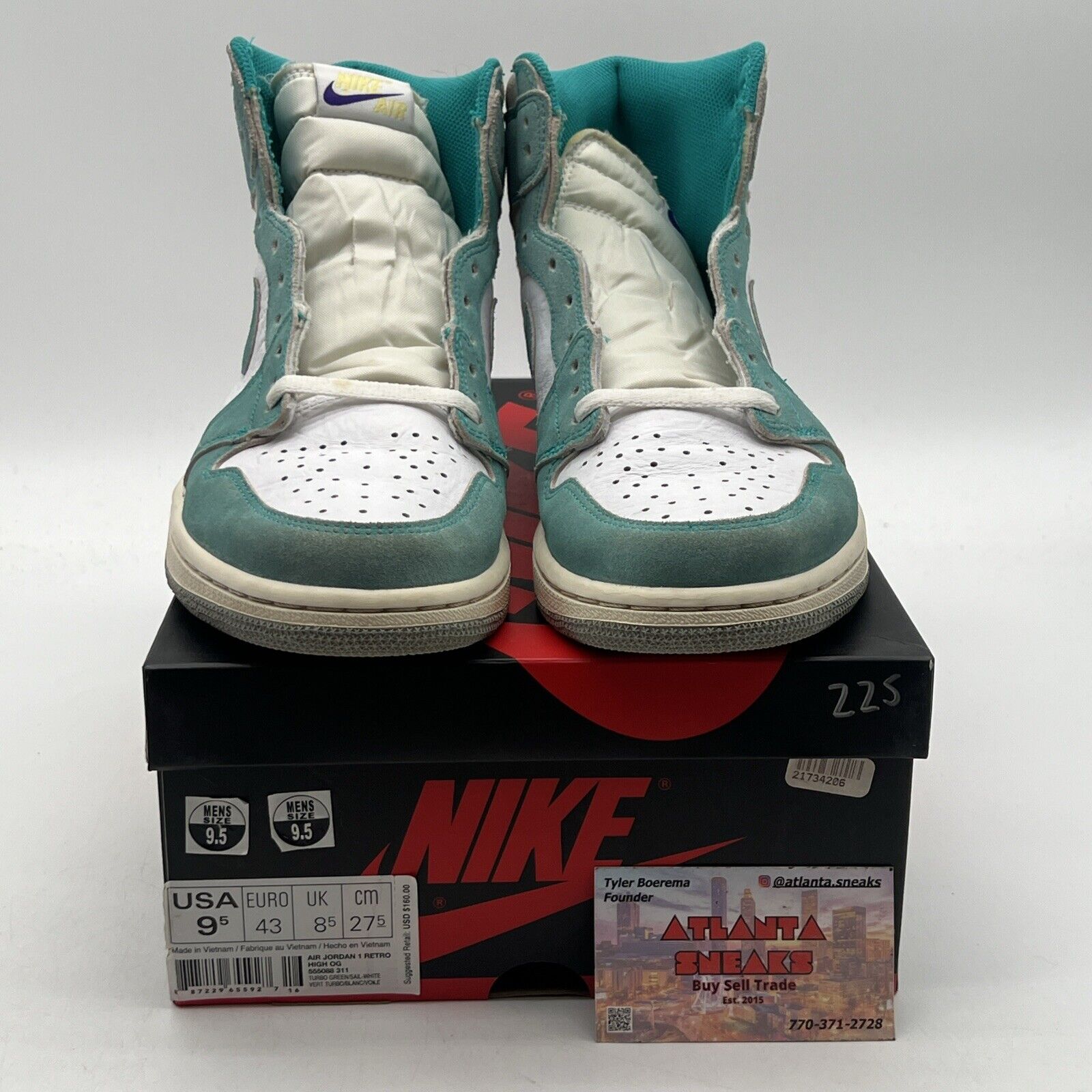 Size 9.5 - Jordan 1 Retro OG High Turbo Green White Leather Suede (555088-311)