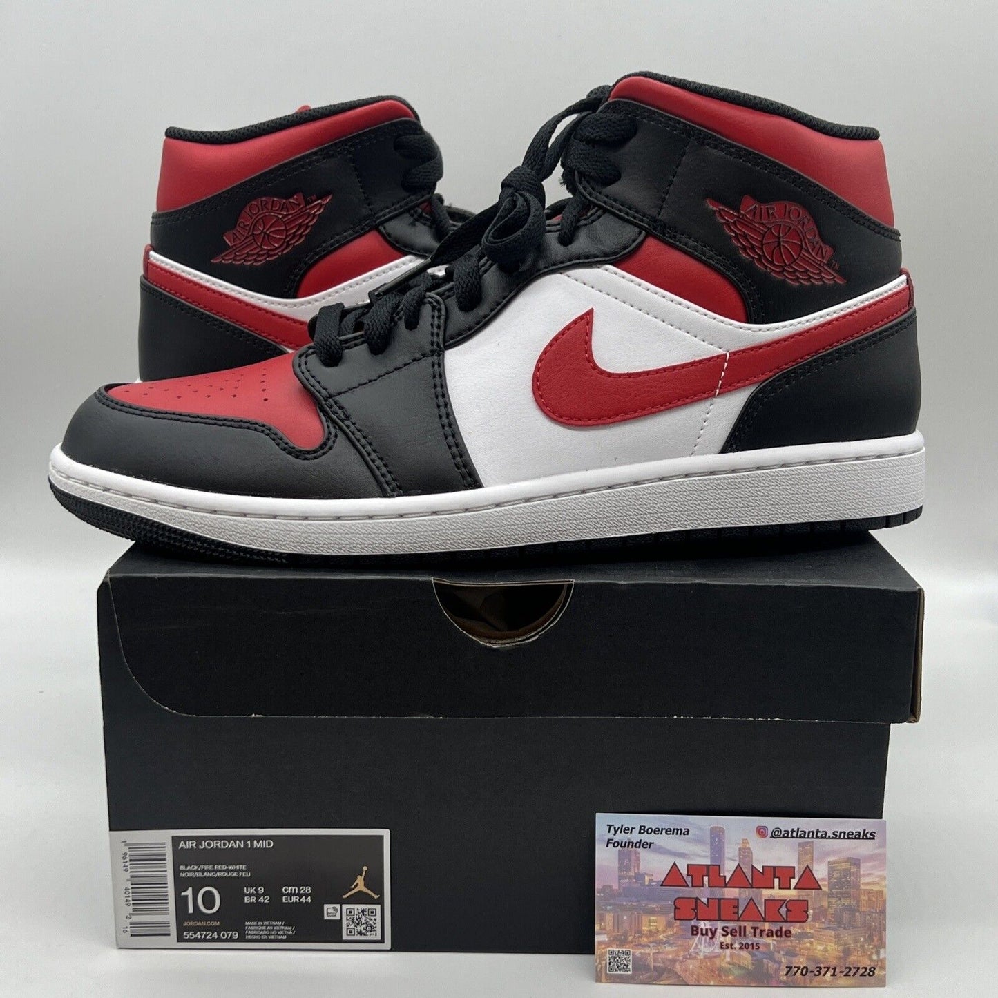 Size 10 - Jordan 1 Mid Bred Toe Red Og All Leather New White Black