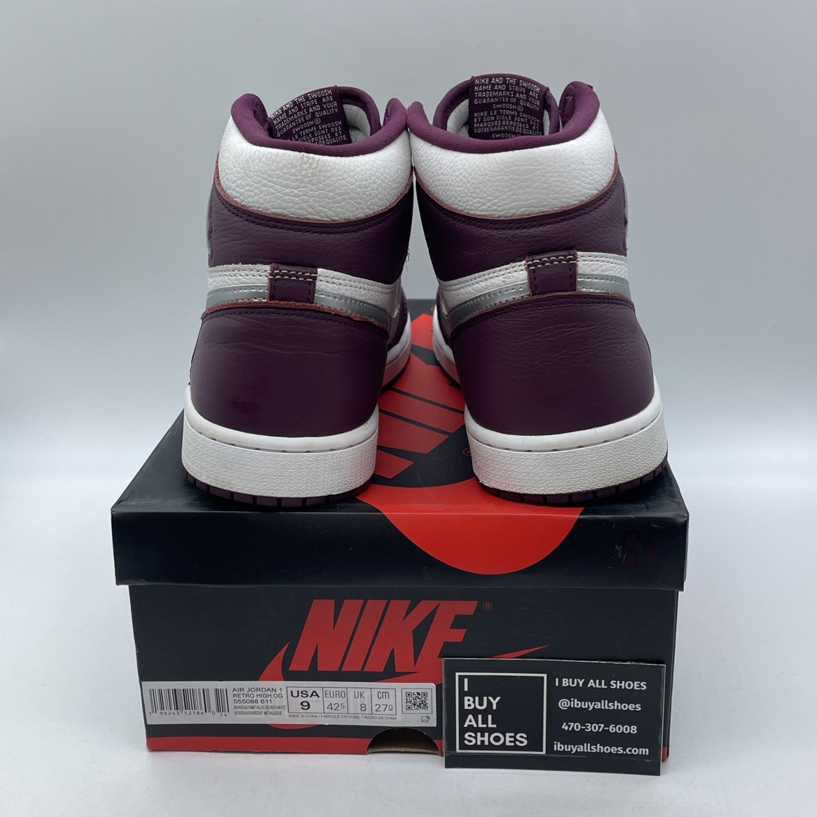 Size 9 - Jordan 1 Retro High OG Bordeaux Silver White Leather (555088-611)
