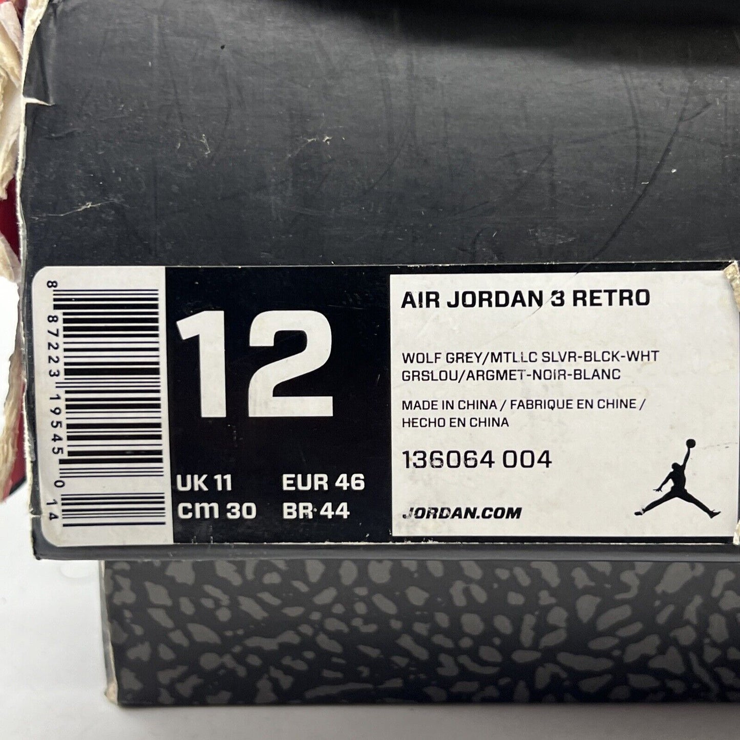 Size 12 - Air Jordan 3 Retro Wolf Grey Black Leather White (136064-004)