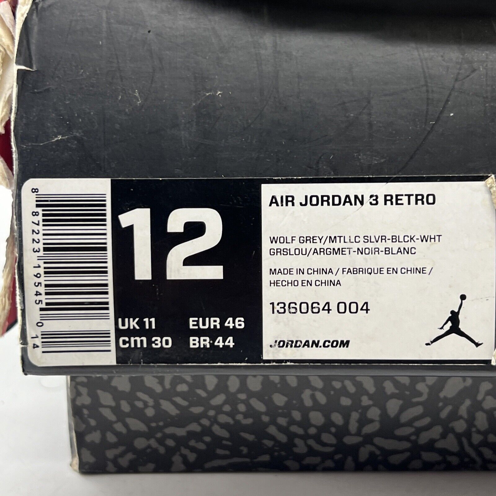 Size 12 - Air Jordan 3 Retro Wolf Grey Black Leather White (136064-004)