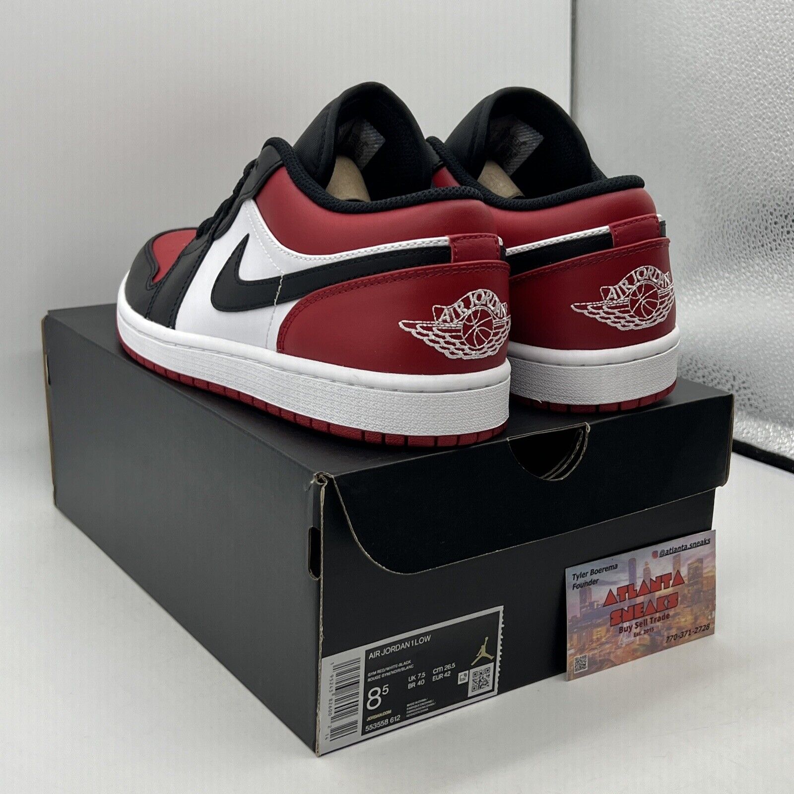 Size 8.5 - Jordan 1 Low Bred Toe Black White Red Leather (553558-612)