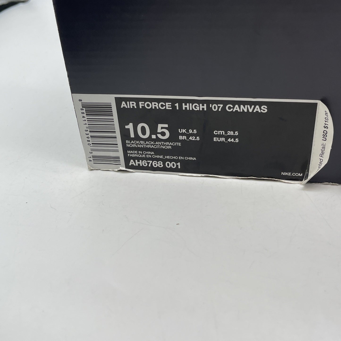 Size 10.5 - Nike Air Force 1 High Black Canvas (AH6768-001)