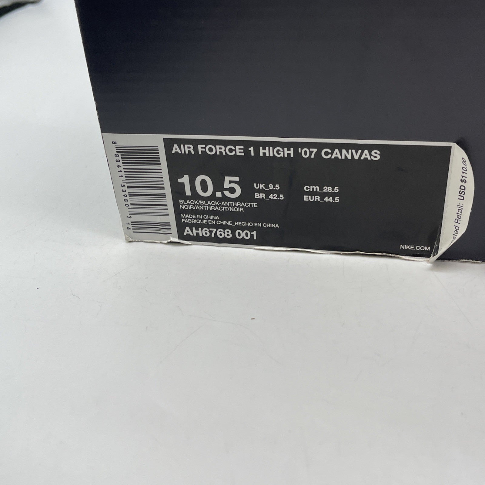 Size 10.5 - Nike Air Force 1 High Black Canvas (AH6768-001)