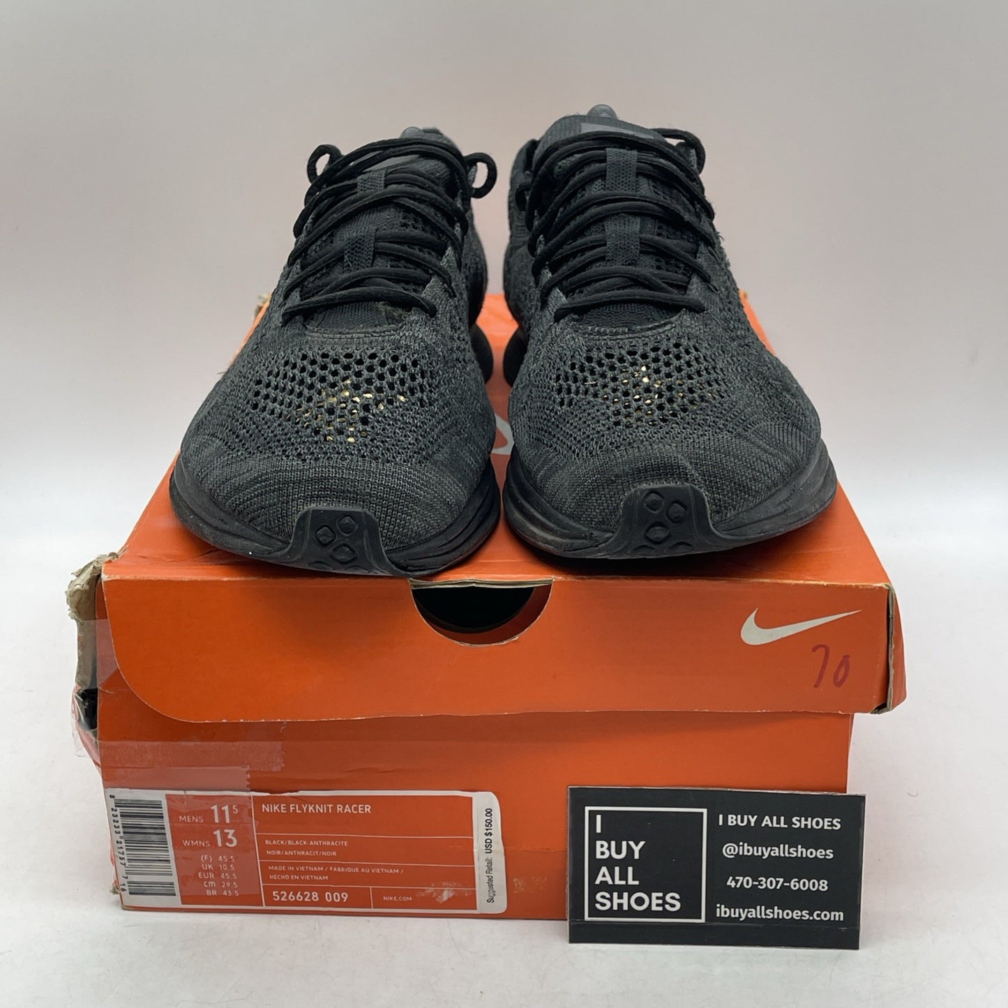 Size 11.5 - Nike Flyknit Racer Triple Black (526628-009)