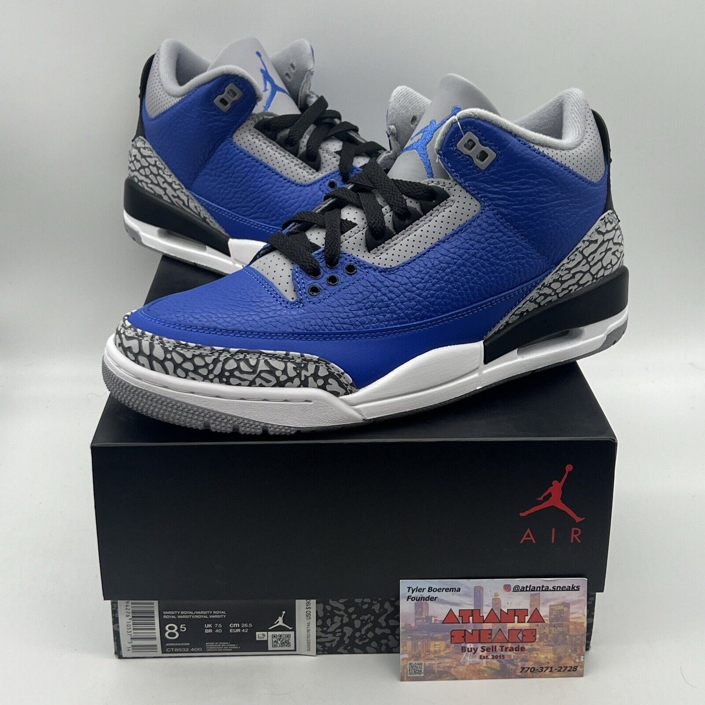 Size 8.5 - Jordan 3 Retro Varsity Royal 2020 Brand New Og All Black White Blue