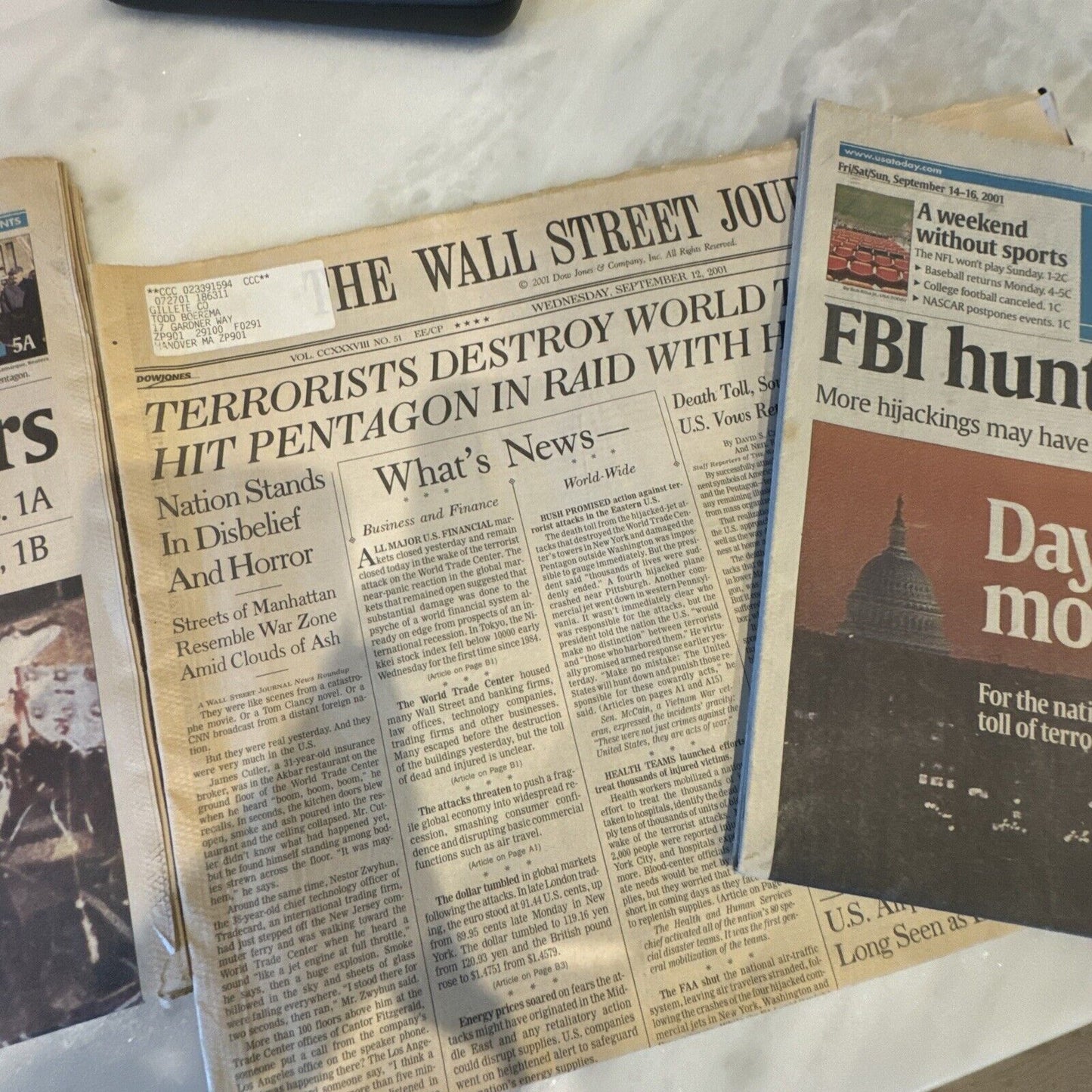 9/11 Newspapers Sept 11 & Sept 12 2001 4 Complete Newspapers Set Of 4 WSJ