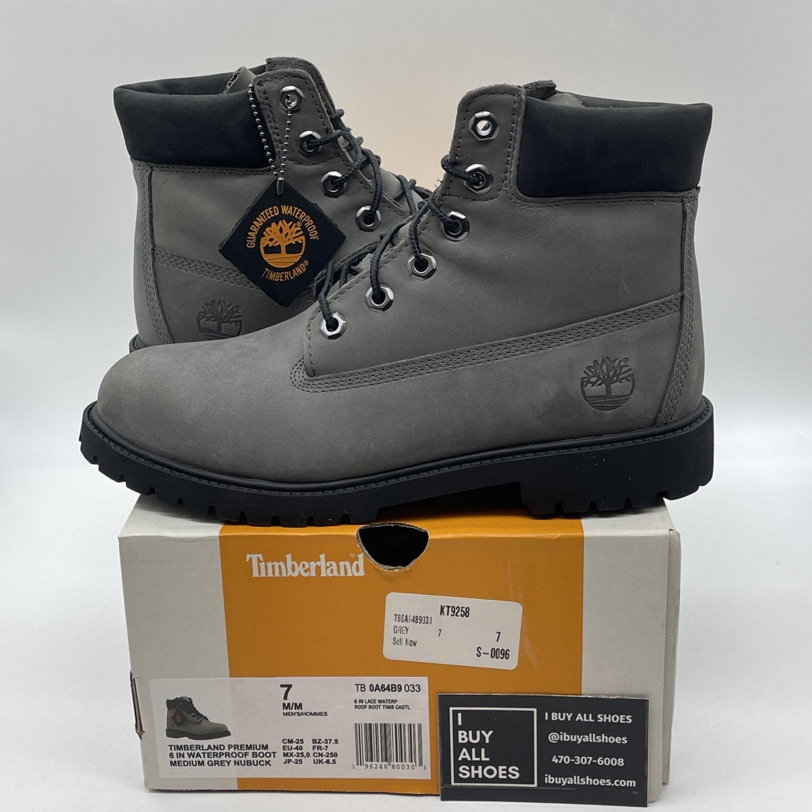 Size 7 - Timberland Med. Gray Nubuck Premium 6" Waterproof Boots (0A64B9-033)