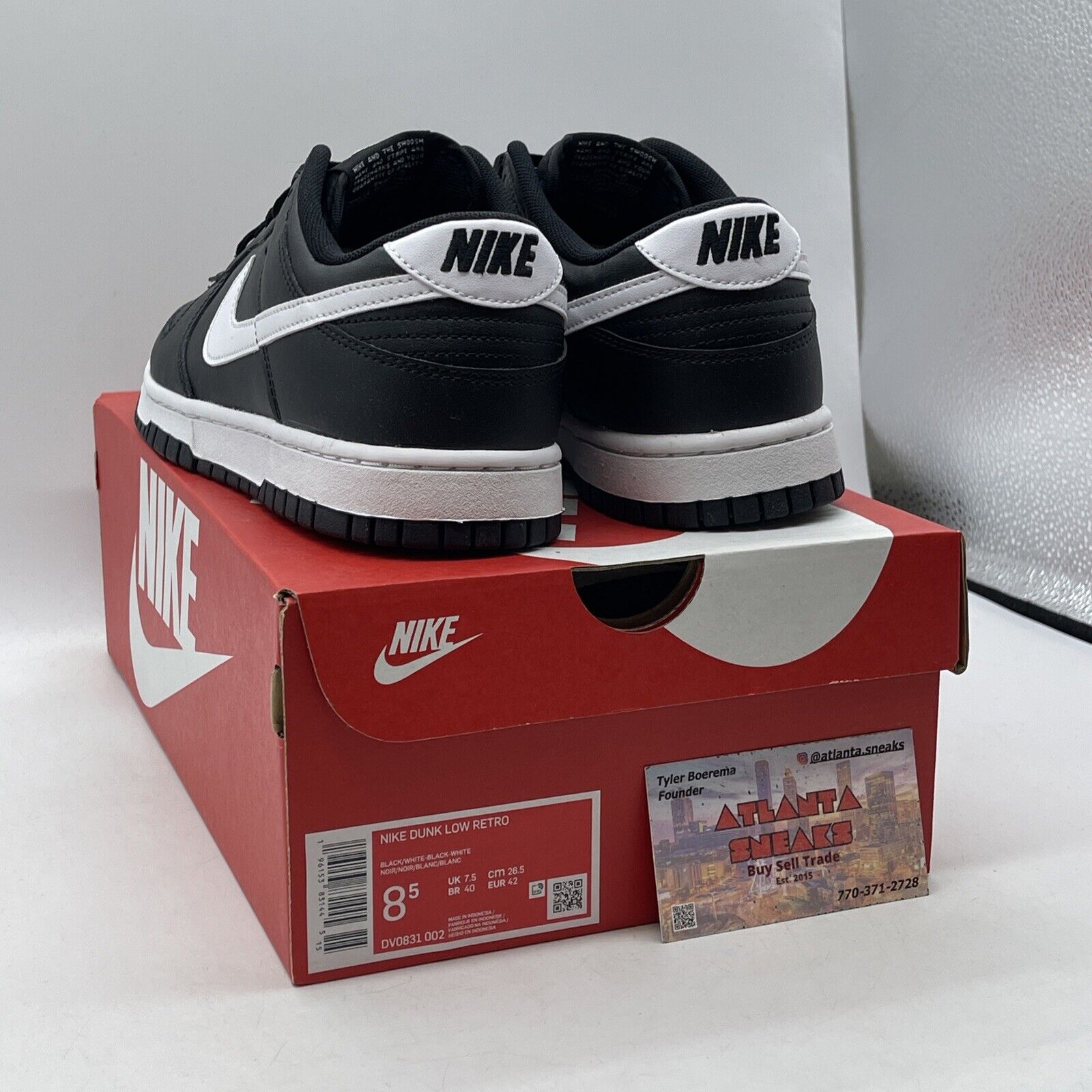 Size 8.5 - Nike Dunk Low Black Panda 2.0 White Leather (DV0831-002)