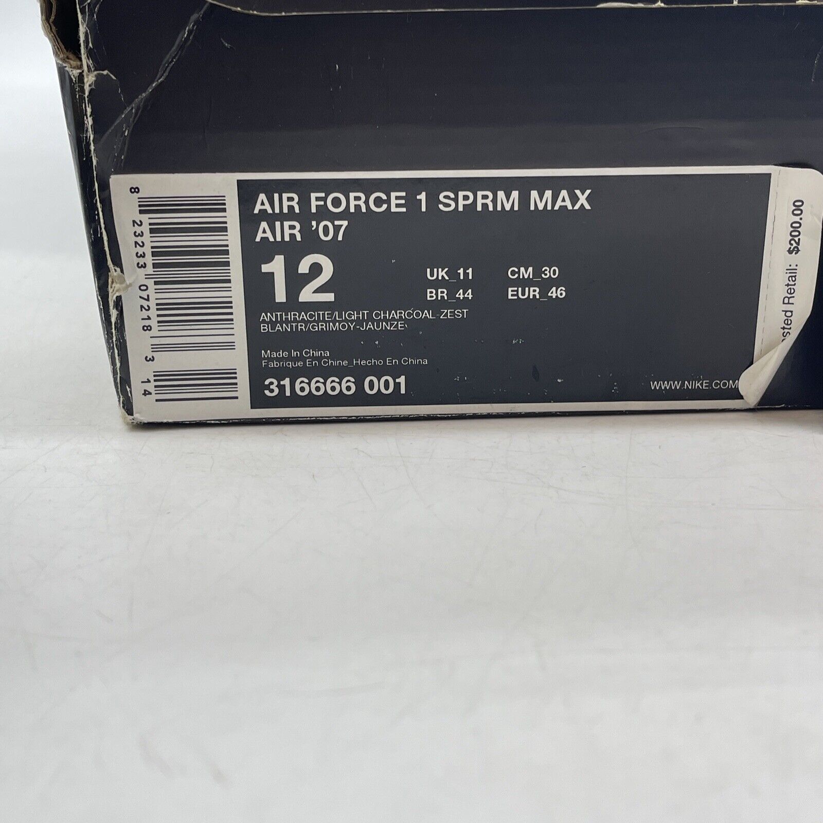 Size 12 - Nike Air Force 1 Supreme Max Air 07 Charcoal Zest Yellow (316666-001)