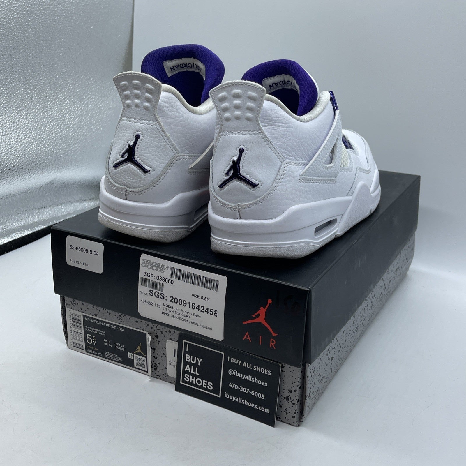 Size 5.5Y - Jordan 4 Retro Mid Purple Metallic White Leather (408452-115)