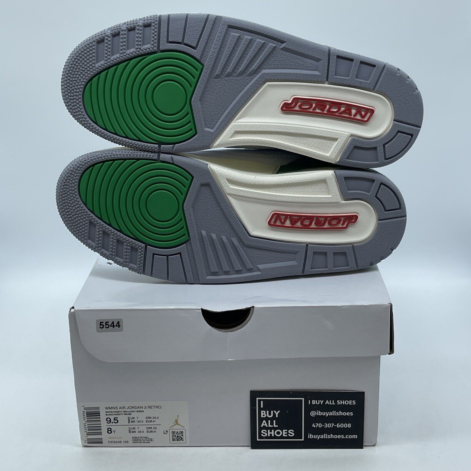 Size 9.5W - Air Jordan 3 Retro Lucky Green White Grey Leather Suede (CK9246-136)