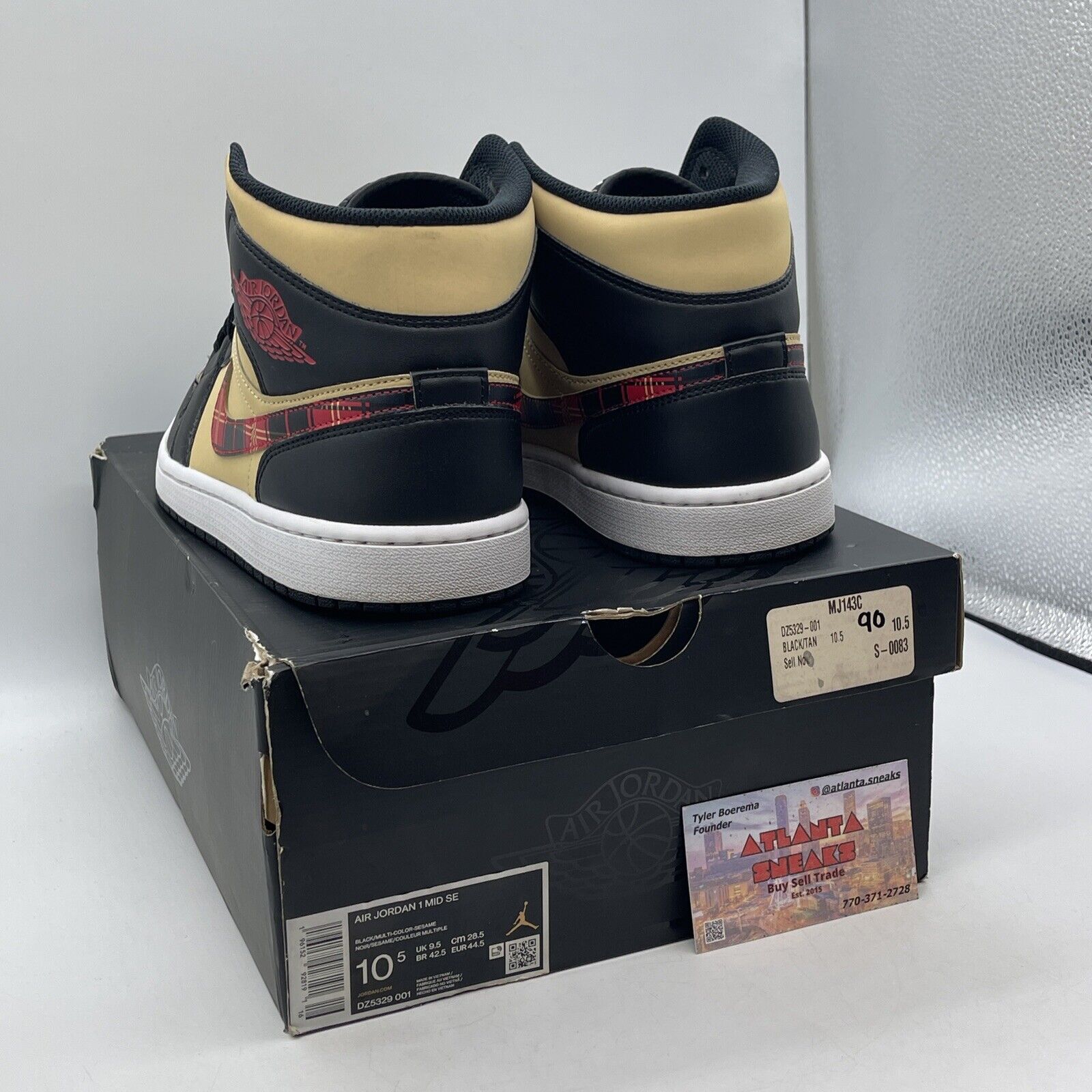 Size 10.5 - Jordan 1 Mid SE Tartan Swoosh Black White Tan Suede (DZ5329-001)