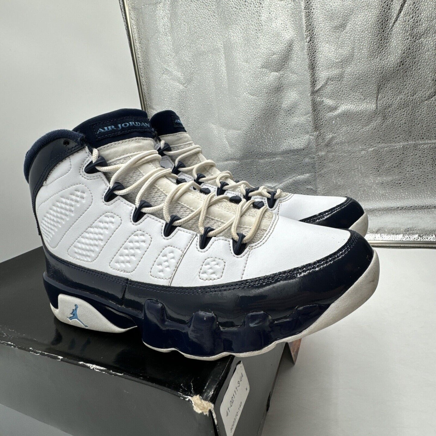 Size 9.5 - Jordan 9 Retro Pearl Blue, UNC 2019 Patent Leather Tar Heel Navy OG A