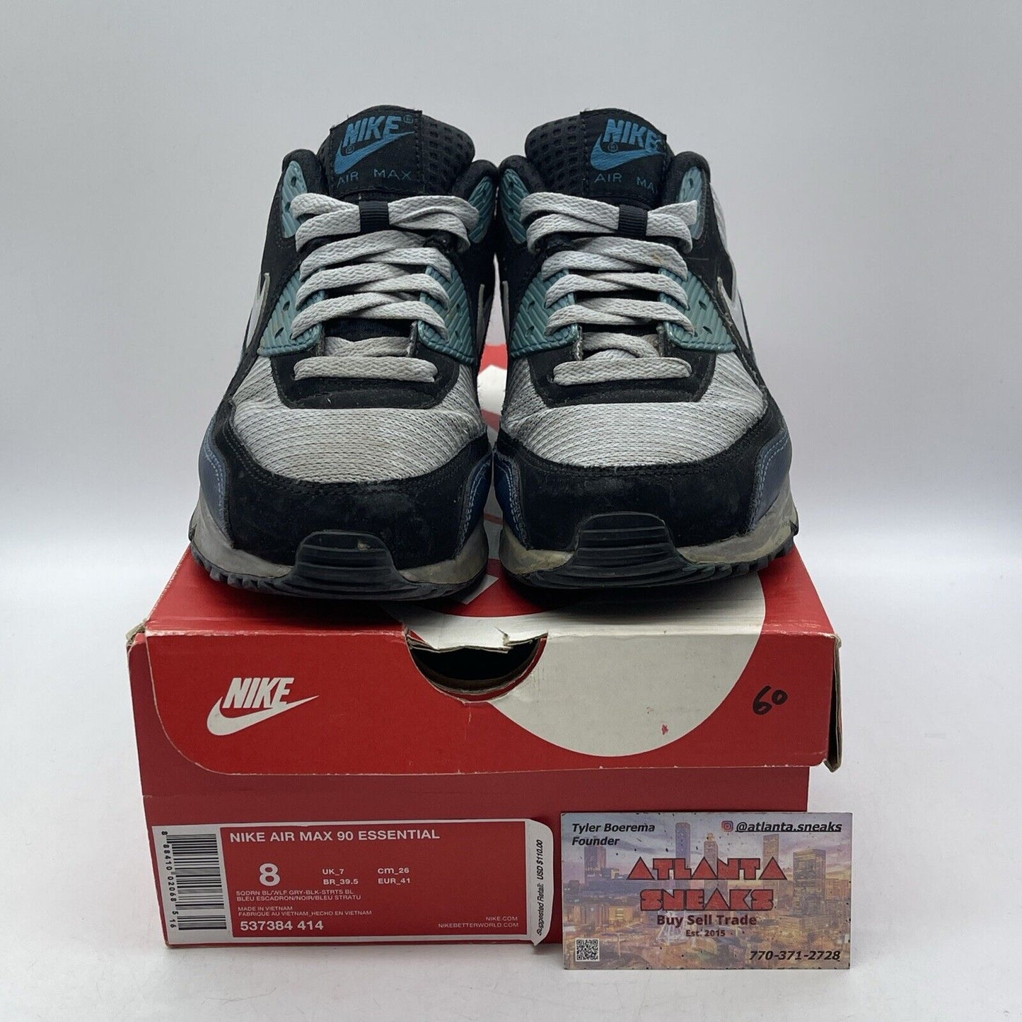 Size 8 - Nike Air Max 90 Essential Blue Grey Black Suede Leather (537384-414)