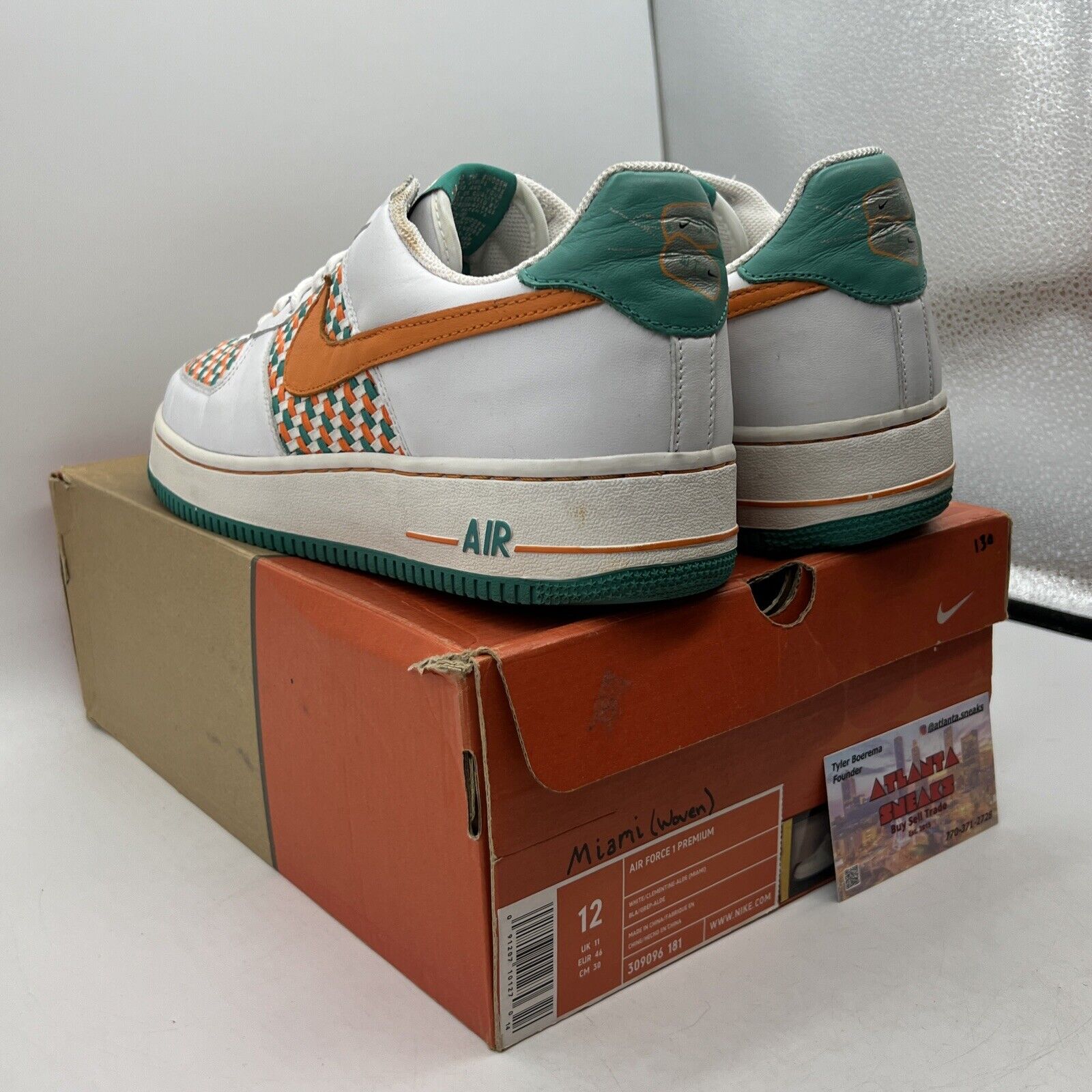 Size 12 - Nike Air Force 1 Premium Miami White Orange Aqua Leather (309096-181)