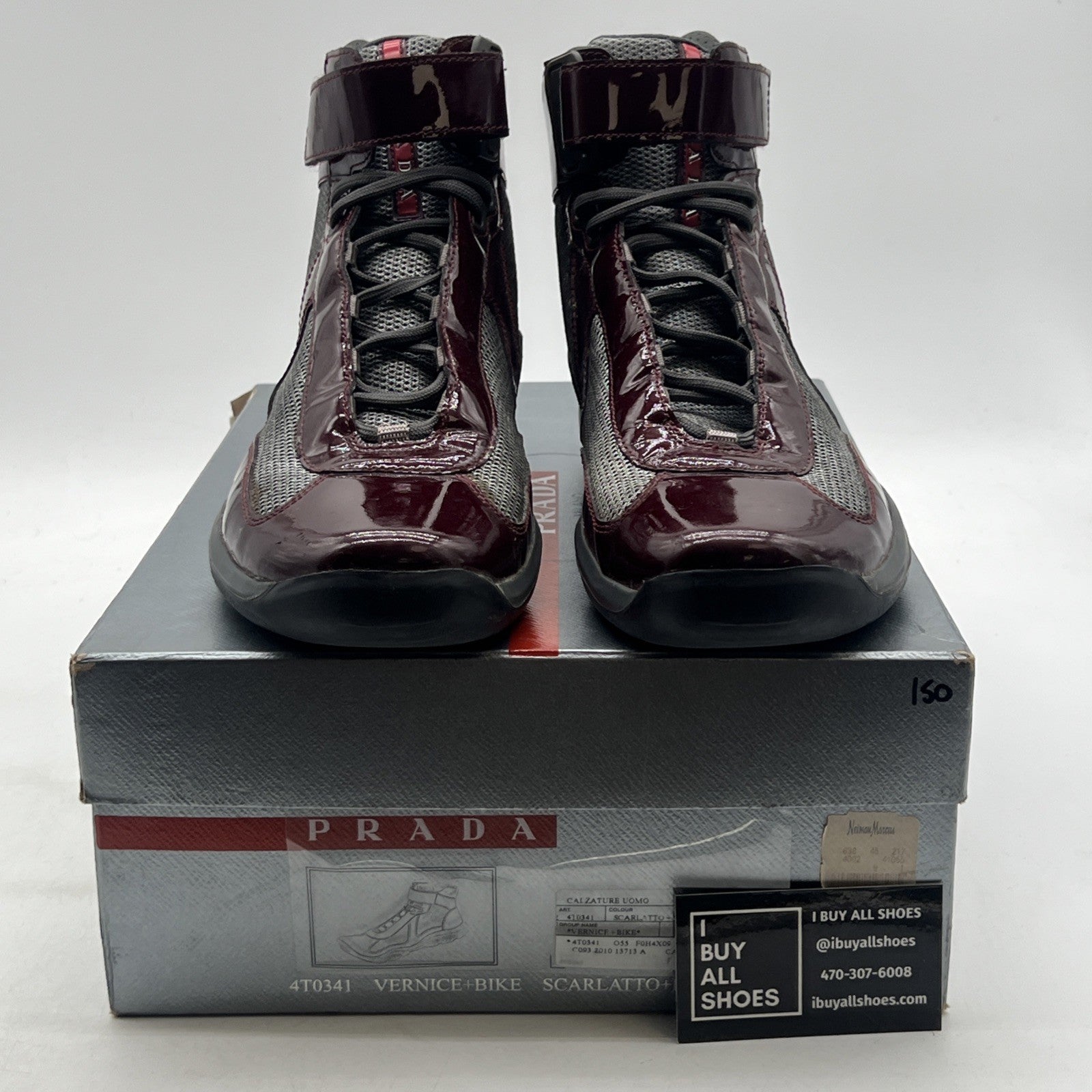 Size 9 - PRADA America's Cup Maroon Silver Mesh High Top Sneakers