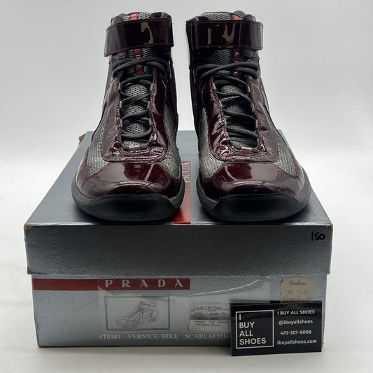 Size 9 - PRADA America's Cup Maroon Silver Mesh High Top Sneakers