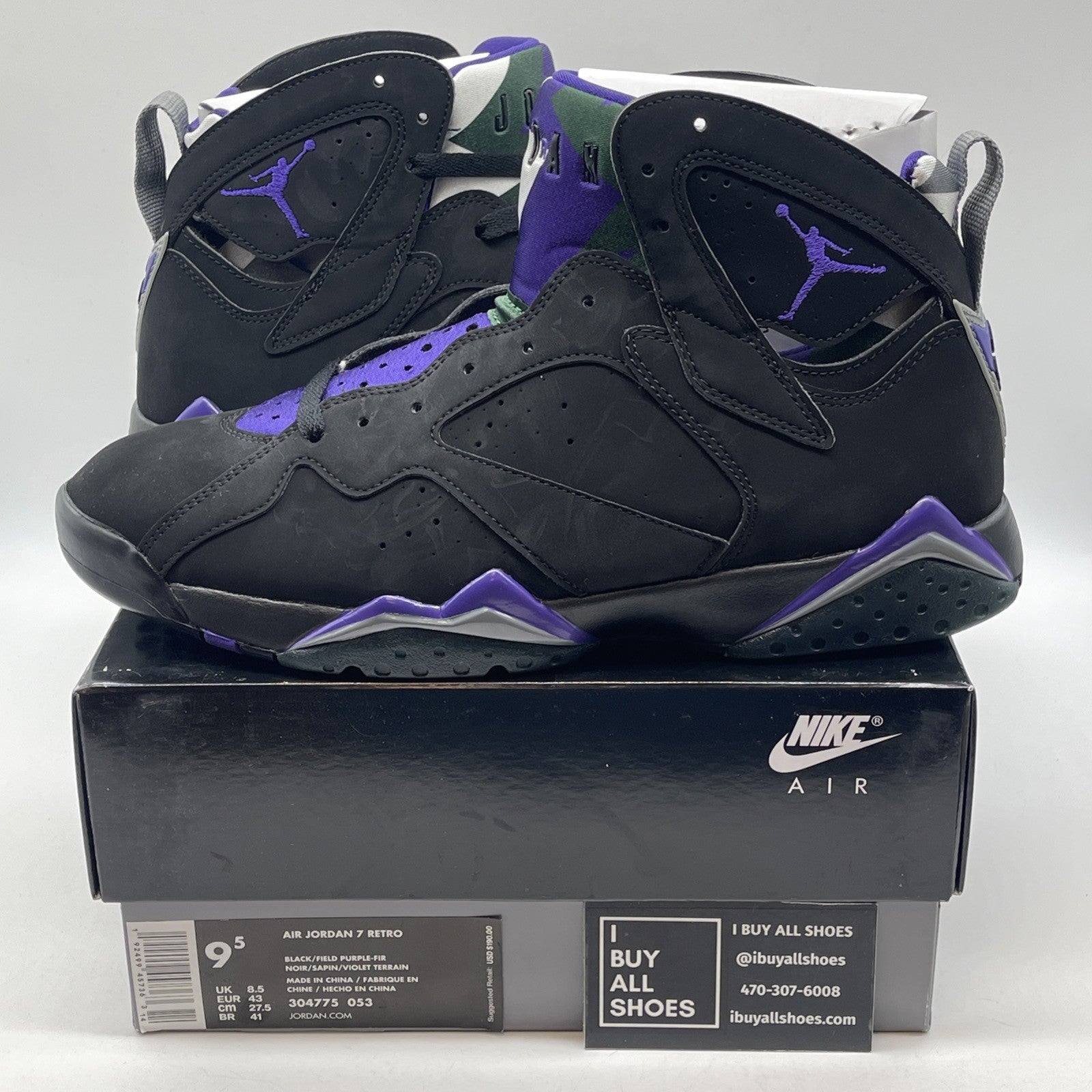 Size 9.5 - Air Jordan 7 Retro PE Ray Allen Black Purple Green Suede (304775-053)