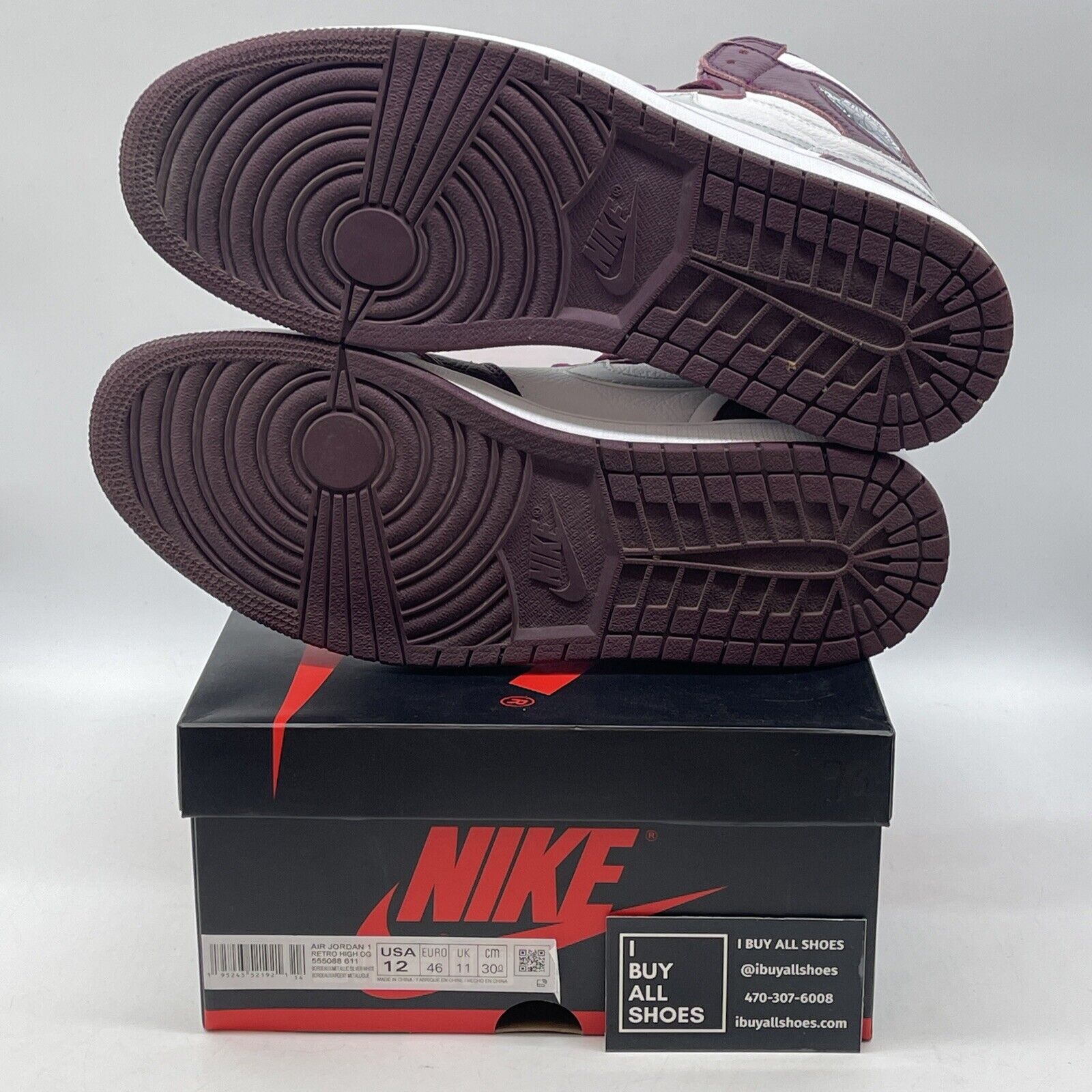 Size 12 - Jordan 1 Retro High OG Bordeaux Burgundy White Leather (555088-611)