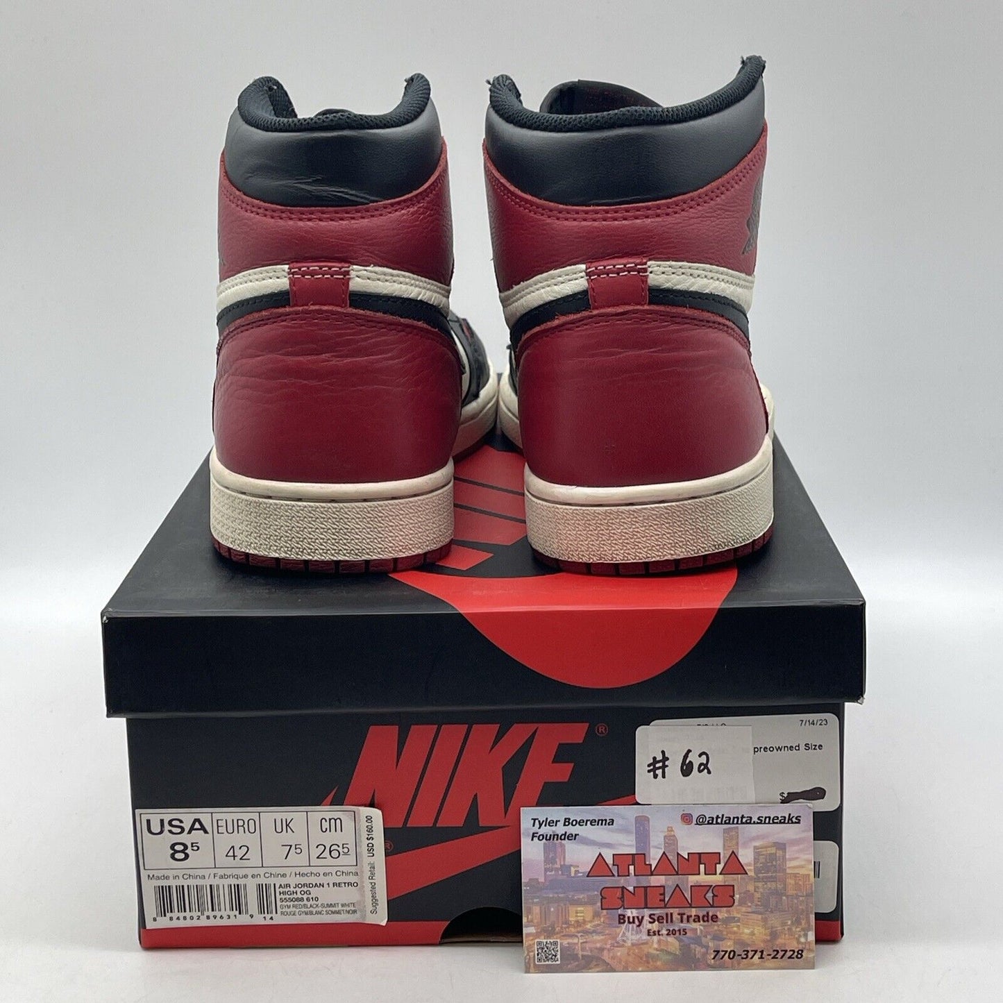 Size 8.5 - Jordan 1 Retro OG High Bred Toe Black Red White Leather (555088-610)