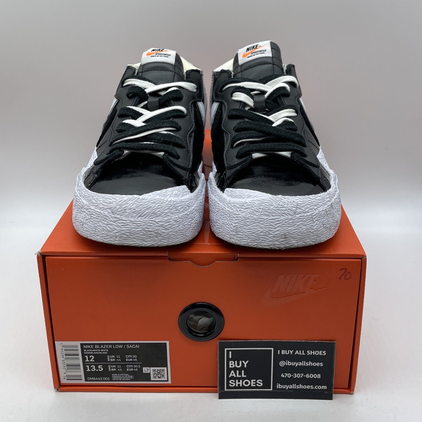 Size 12 - Nike sacai x Blazer Low Black White Patent Suede Leather (DM6443-001)