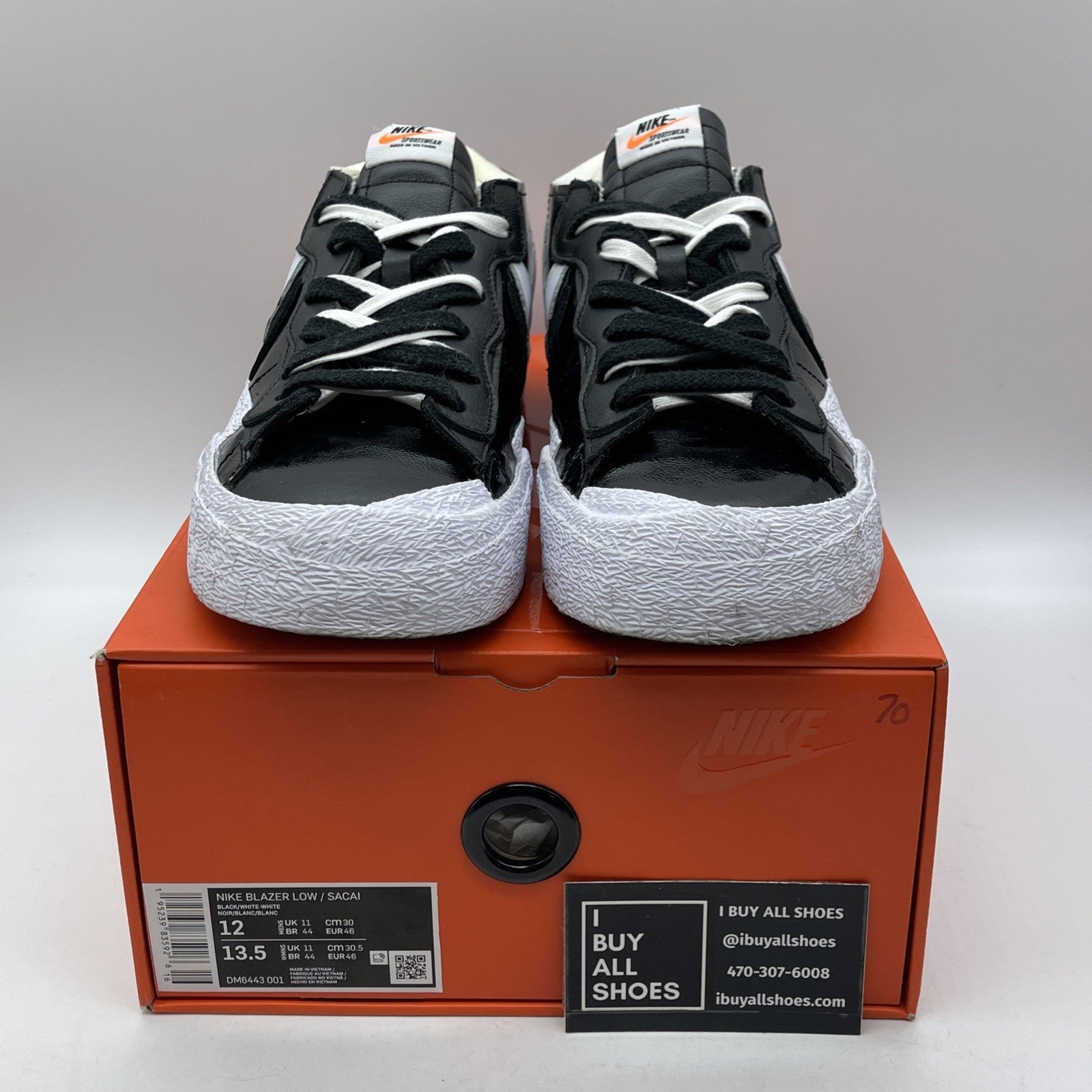 Size 12 - Nike sacai x Blazer Low Black White Patent Suede Leather (DM6443-001)