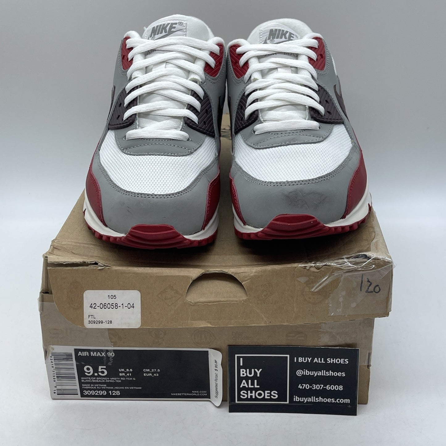 Size 9.5 - Nike Air Max 90 White Grey Red Leather Suede (309299-128)