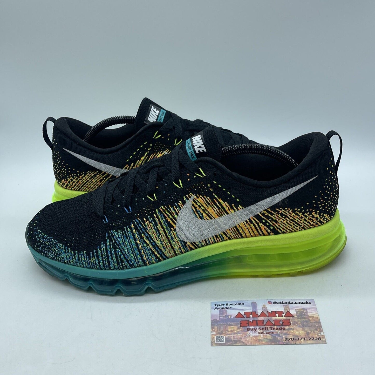 Size 11 - Nike Flyknit Max Black Blue Neon Yellow White Suede (620469-001)