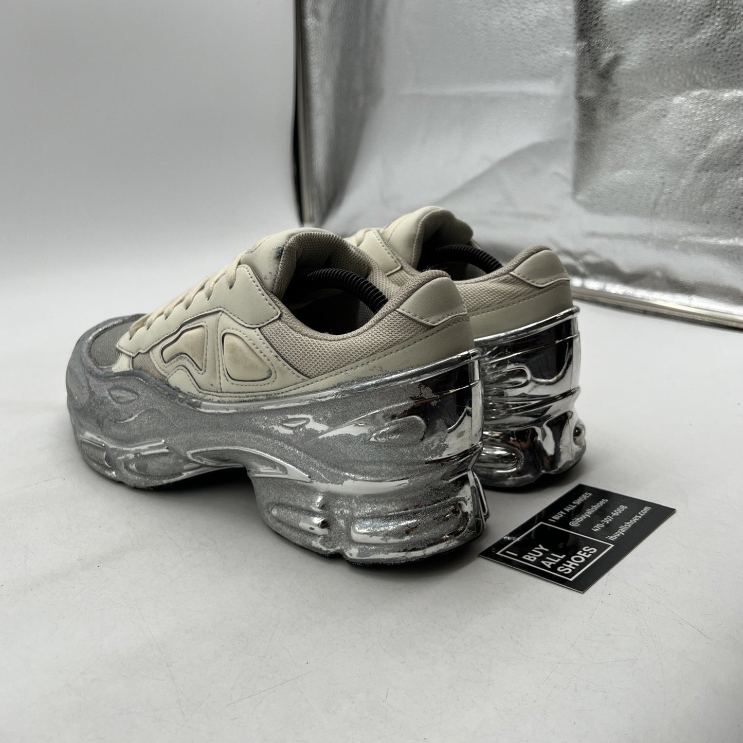 Size 9.5 - Adidas x Raf Simons Ozweego Sneaker Metallic Mirrored Silver Cream
