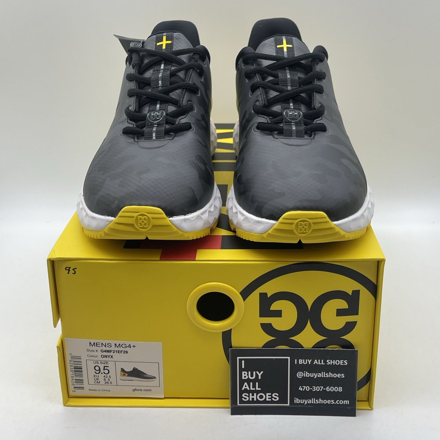 Size 9.5 - G/FORE G4 MG4+ Onyx Camo Golf Shoes Yellow Black Leather (G4MF21EF29)