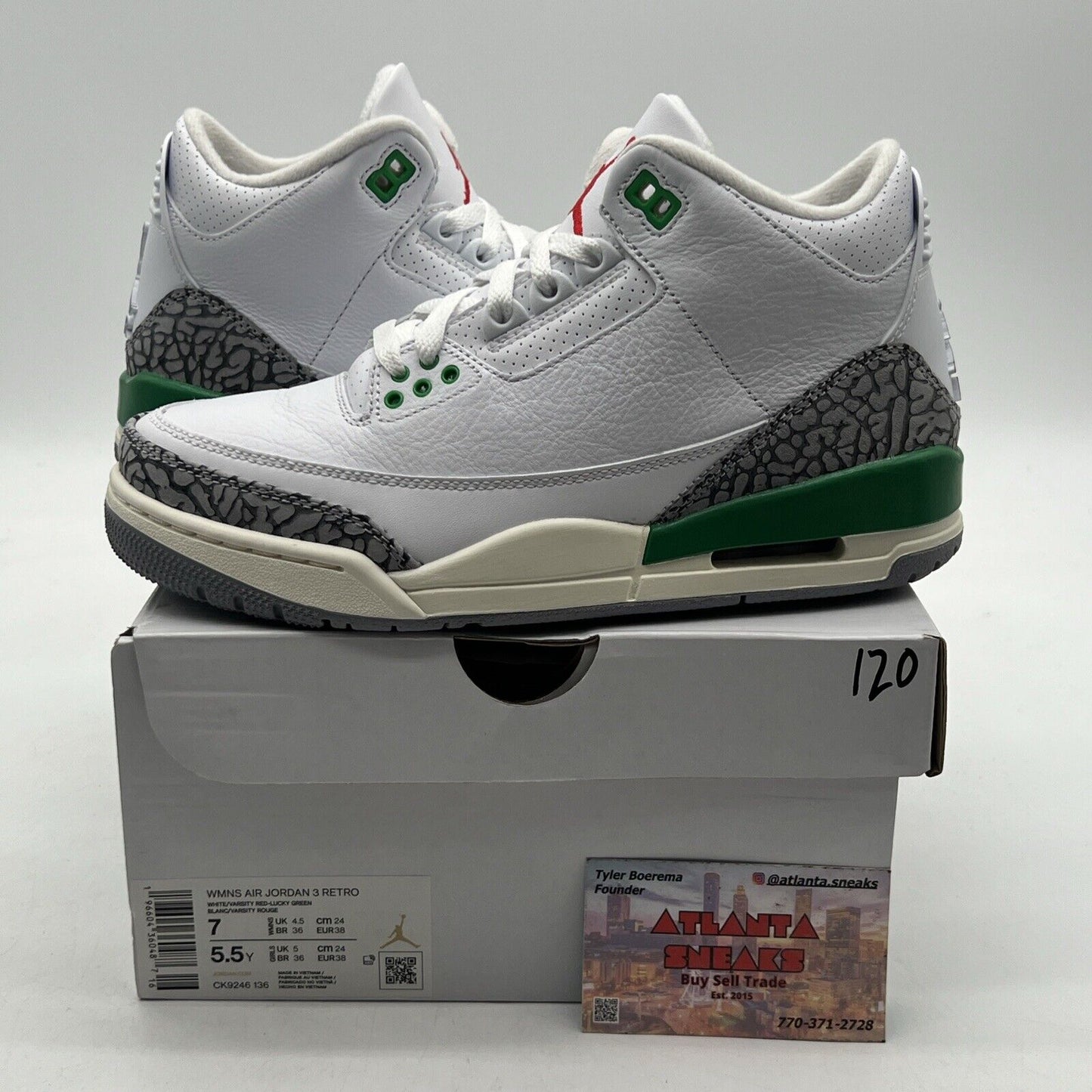 Size 7 - Air Jordan 3 Retro Lucky Green W White Grey Leather (CK9246-136)