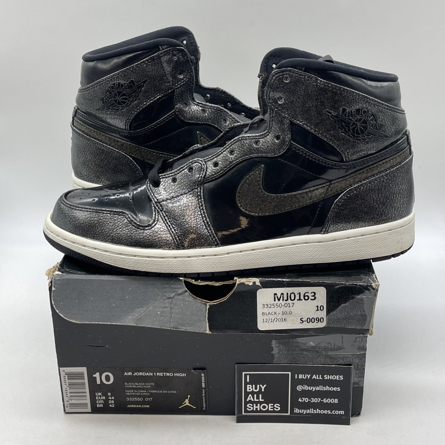 Size 10 - Air Jordan 1 Retro High Black Patent Grey Leather (332550-017)