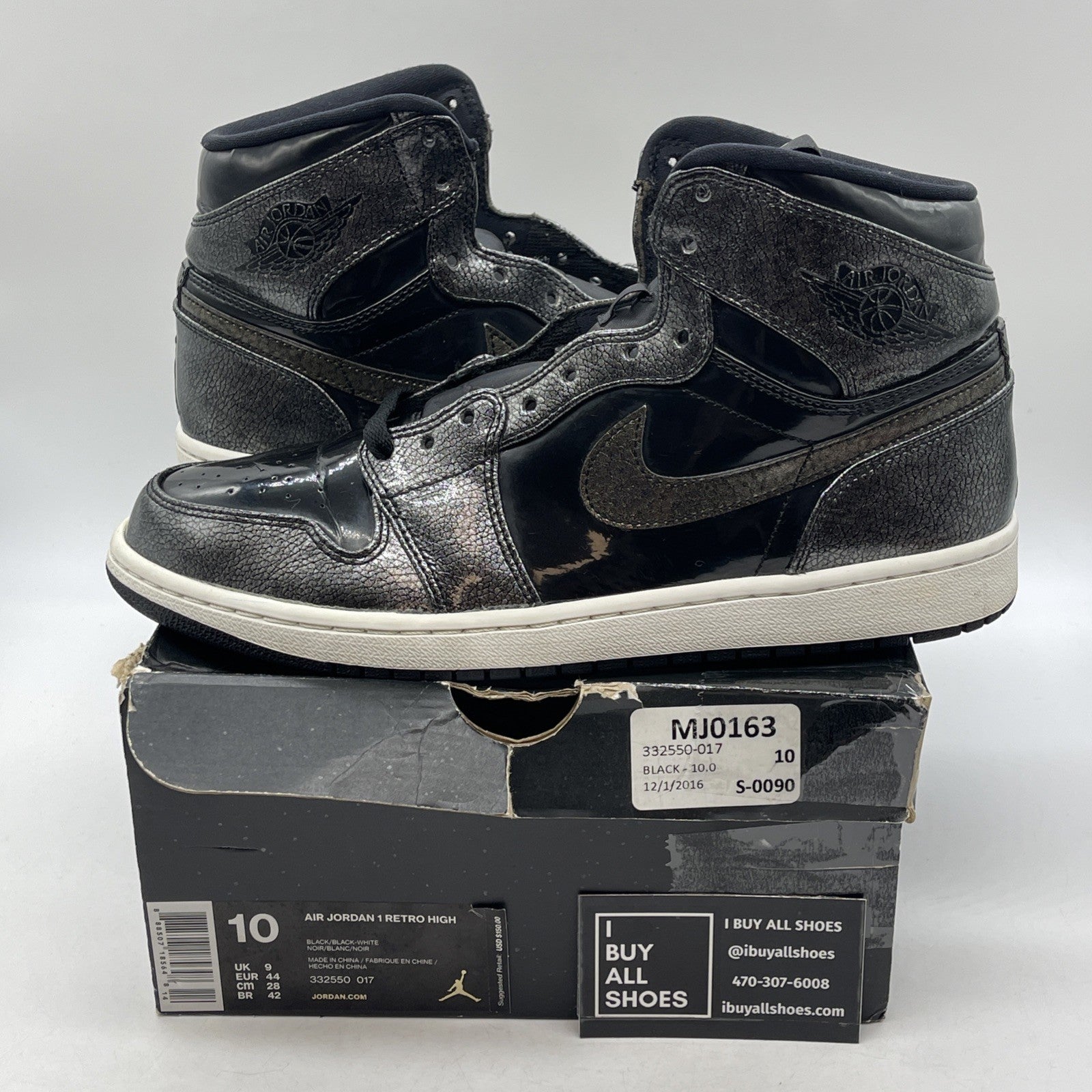 Size 10 - Air Jordan 1 Retro High Black Patent Grey Leather (332550-017)