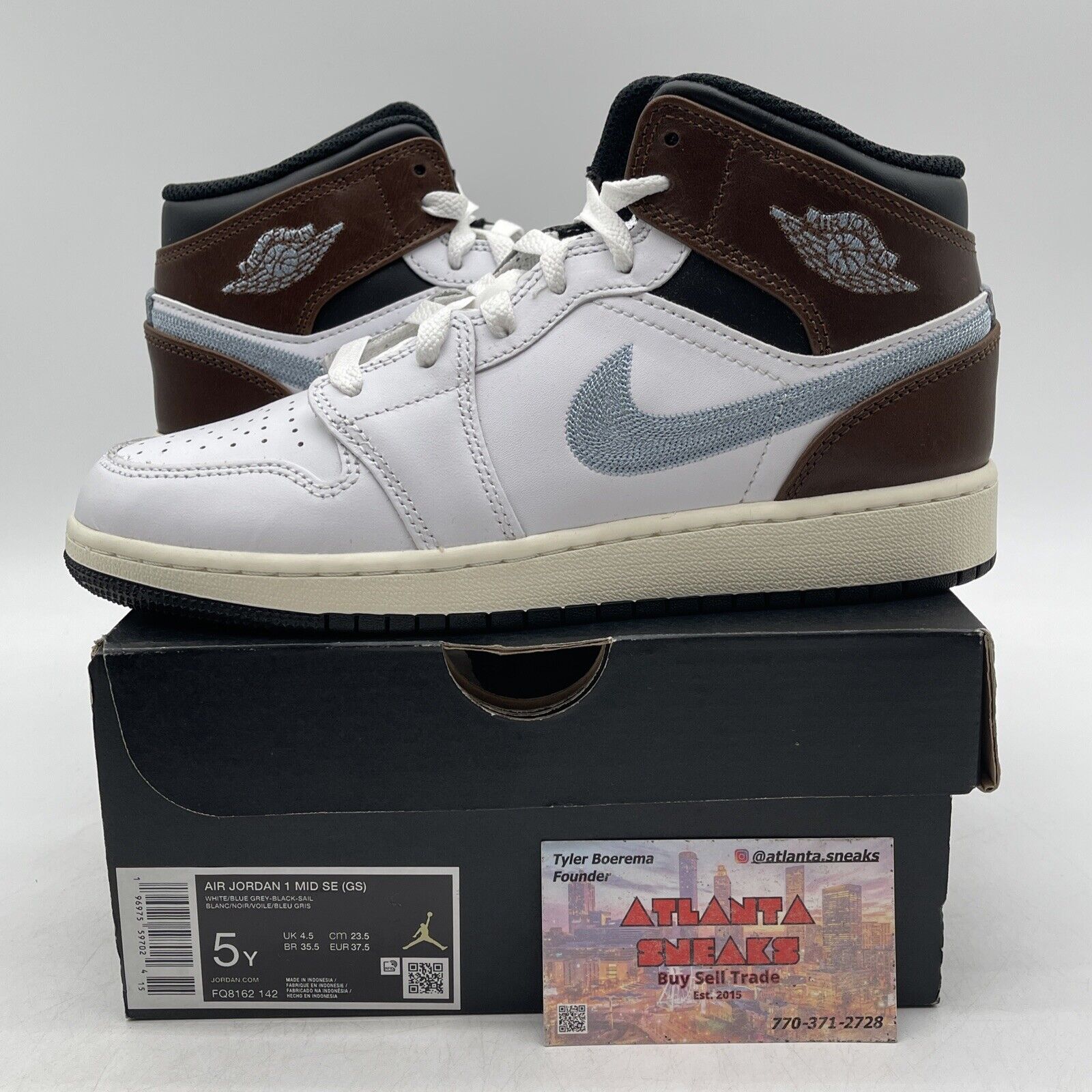 Size 5Y - AIR JORDAN 1 MID SE_WHITE/BLUE GREY BLACK Leather  (FQ8162-142)