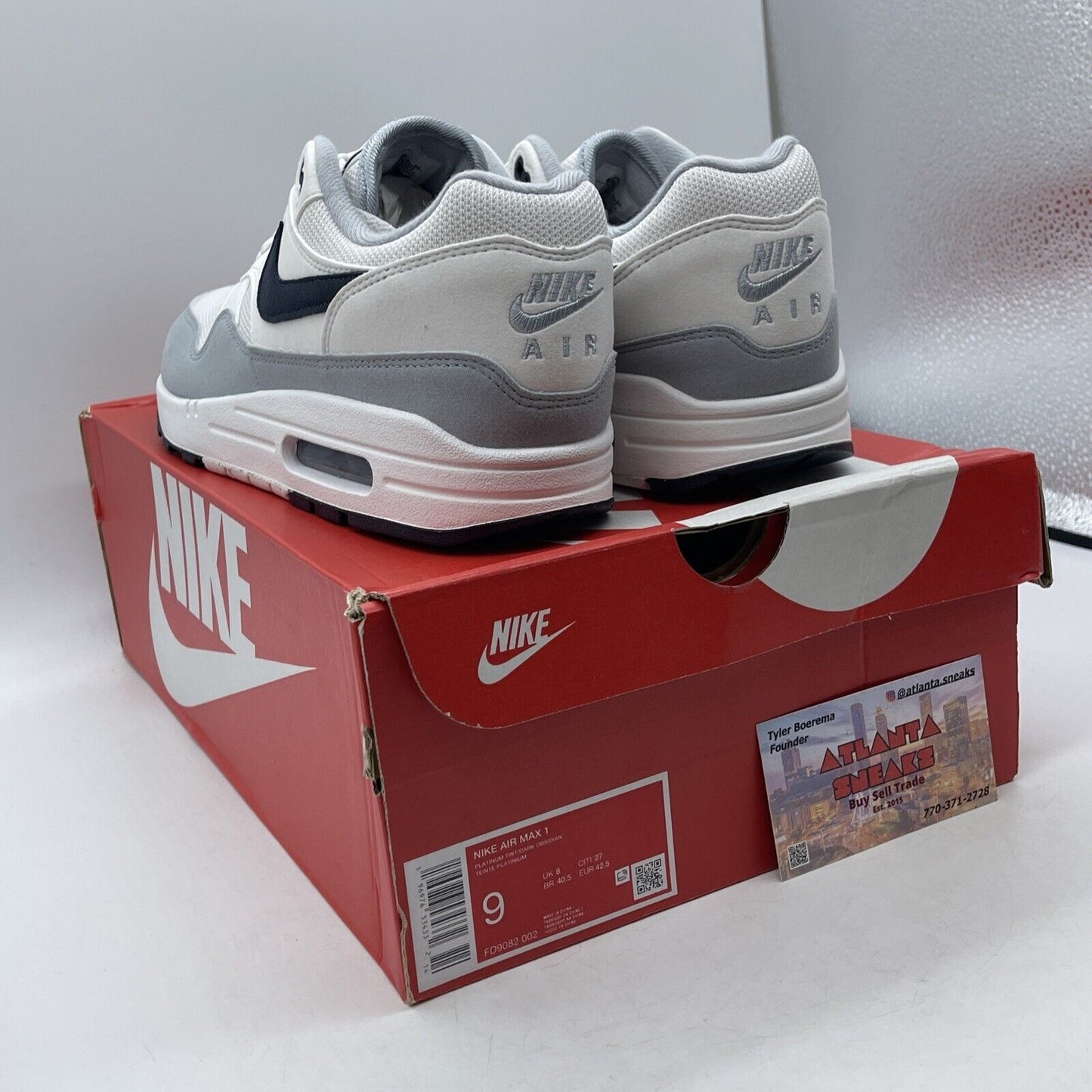 Size 9 - Nike Air Max 1 Pure Platinum Dark Obsidian White Suede (FD9082-002)