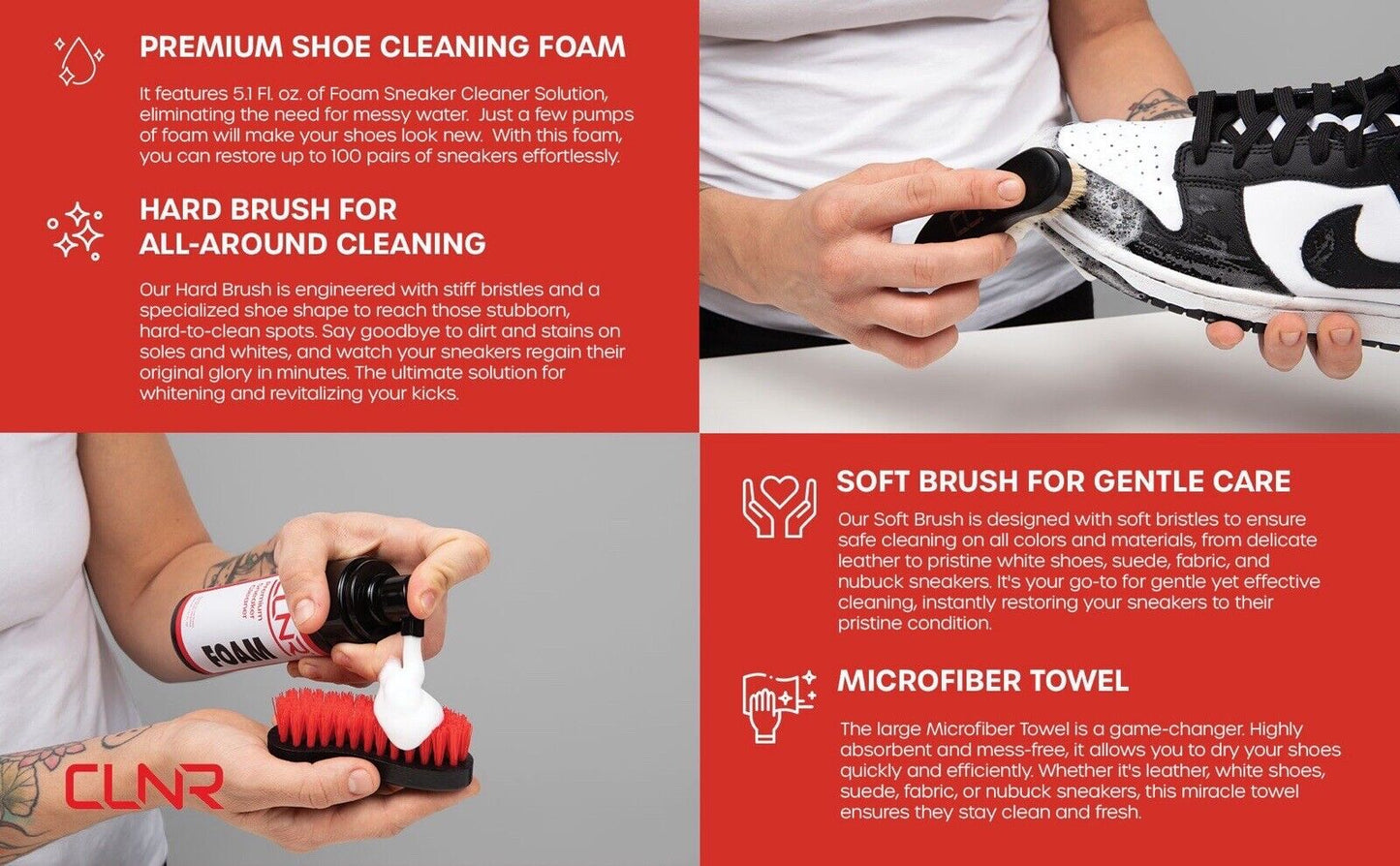 CLNR Sneaker Cleaning Kit 4 Piece Foaming Cleaner, Brushes & Towel for All Shoes