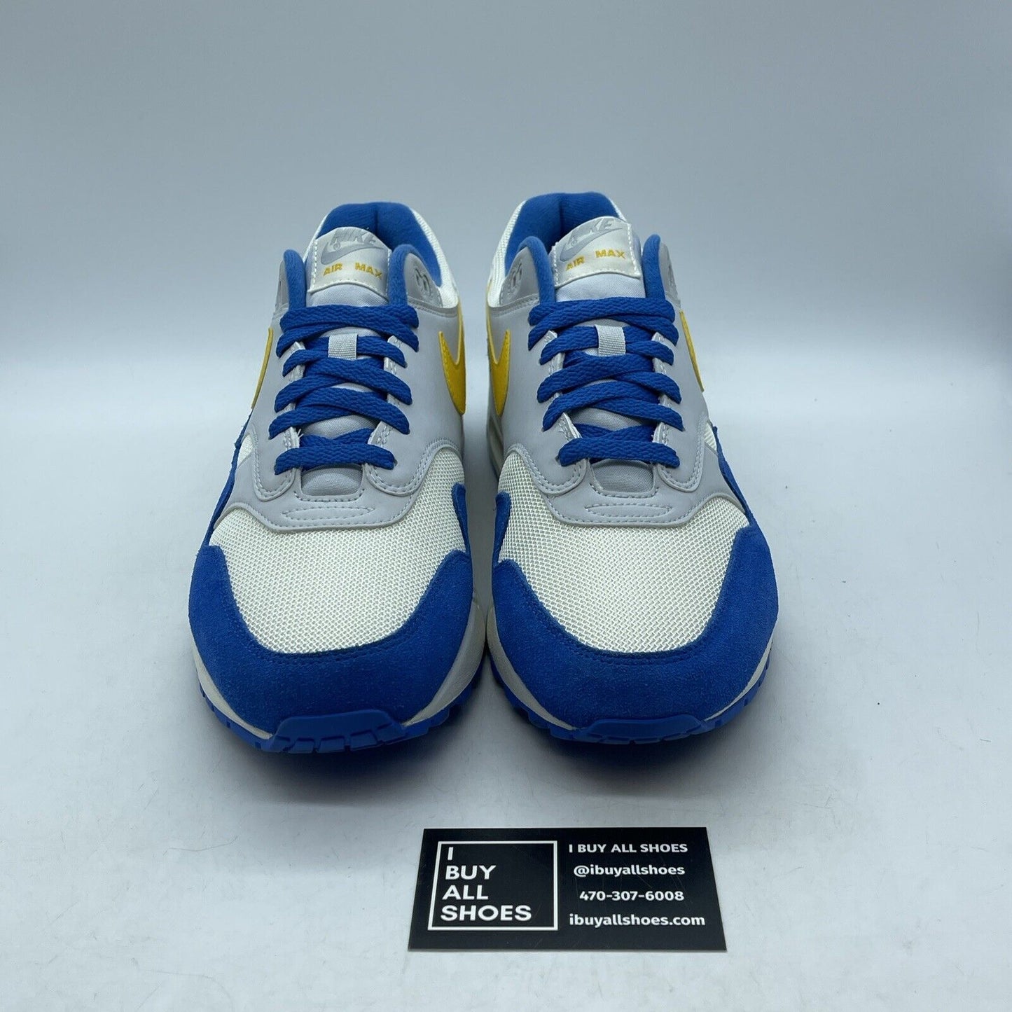 Size 11.5 - Nike Air Max 1 Signal Blue White Suede Yellow Grey (AH8145-108)