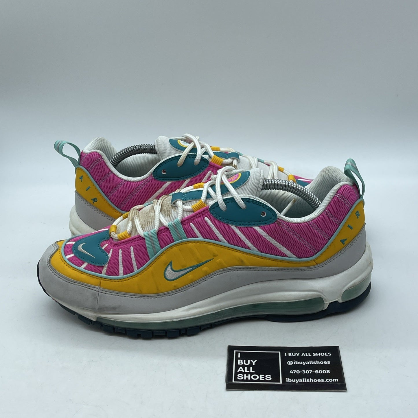 Size 11W - Nike Air Max 98 Teal Fuchsia Grey Yellow Suede (CI9897-301)