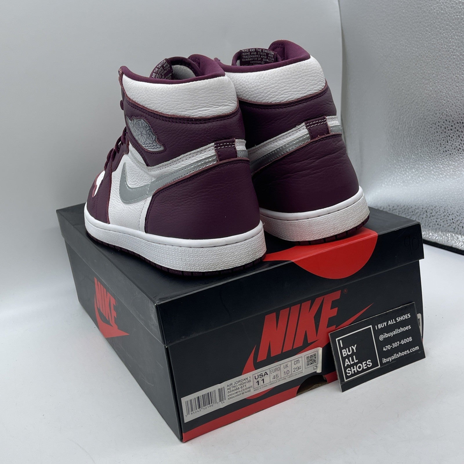Size 11 - Jordan 1 Retro High OG Bordeaux White Silver Leather (555088-611)