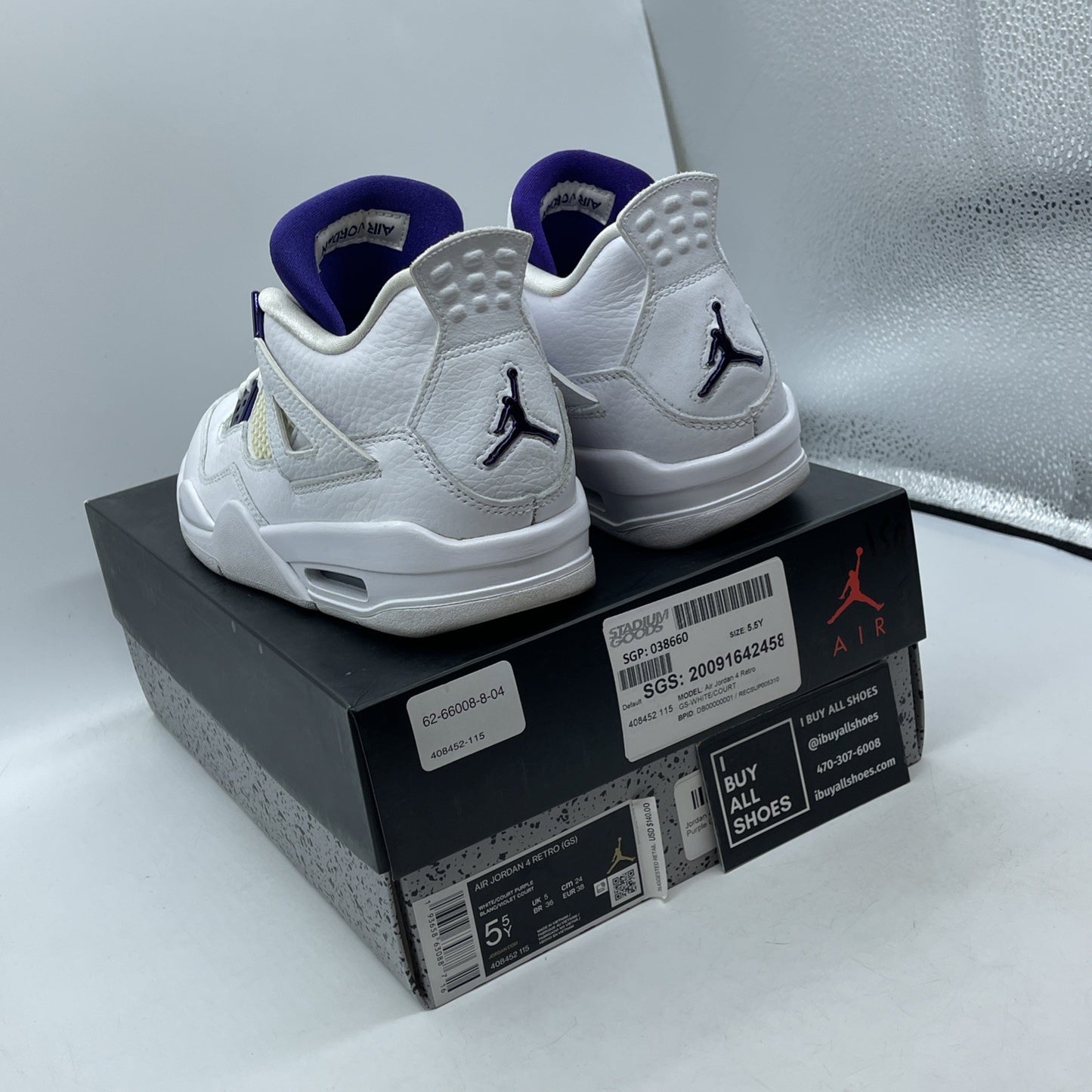 Size 5.5Y - Jordan 4 Retro Mid Purple Metallic White Leather (408452-115)