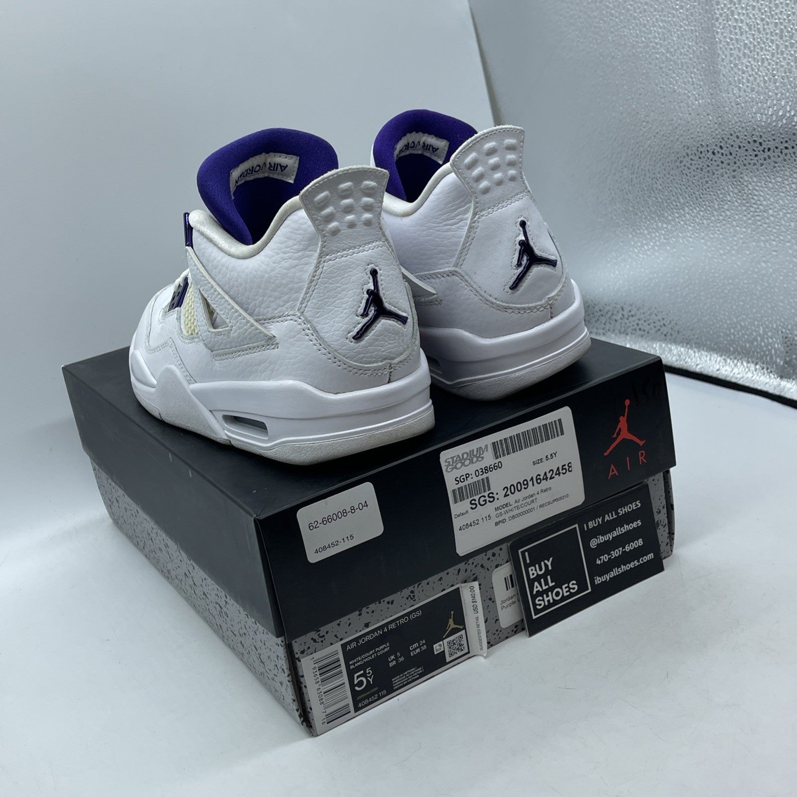 Size 5.5Y - Jordan 4 Retro Mid Purple Metallic White Leather (408452-115)