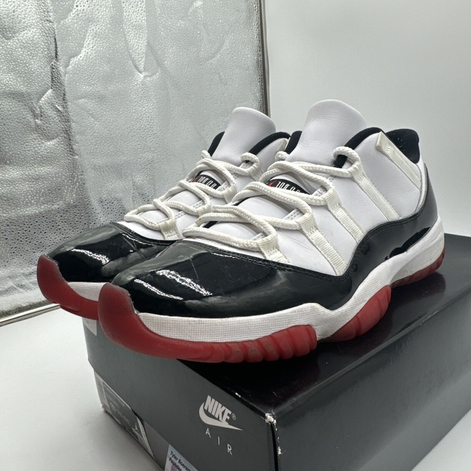 Size 11.5 - Jordan 11 Retro Low Concord-Bred White Black Red Soles Patent Leathe