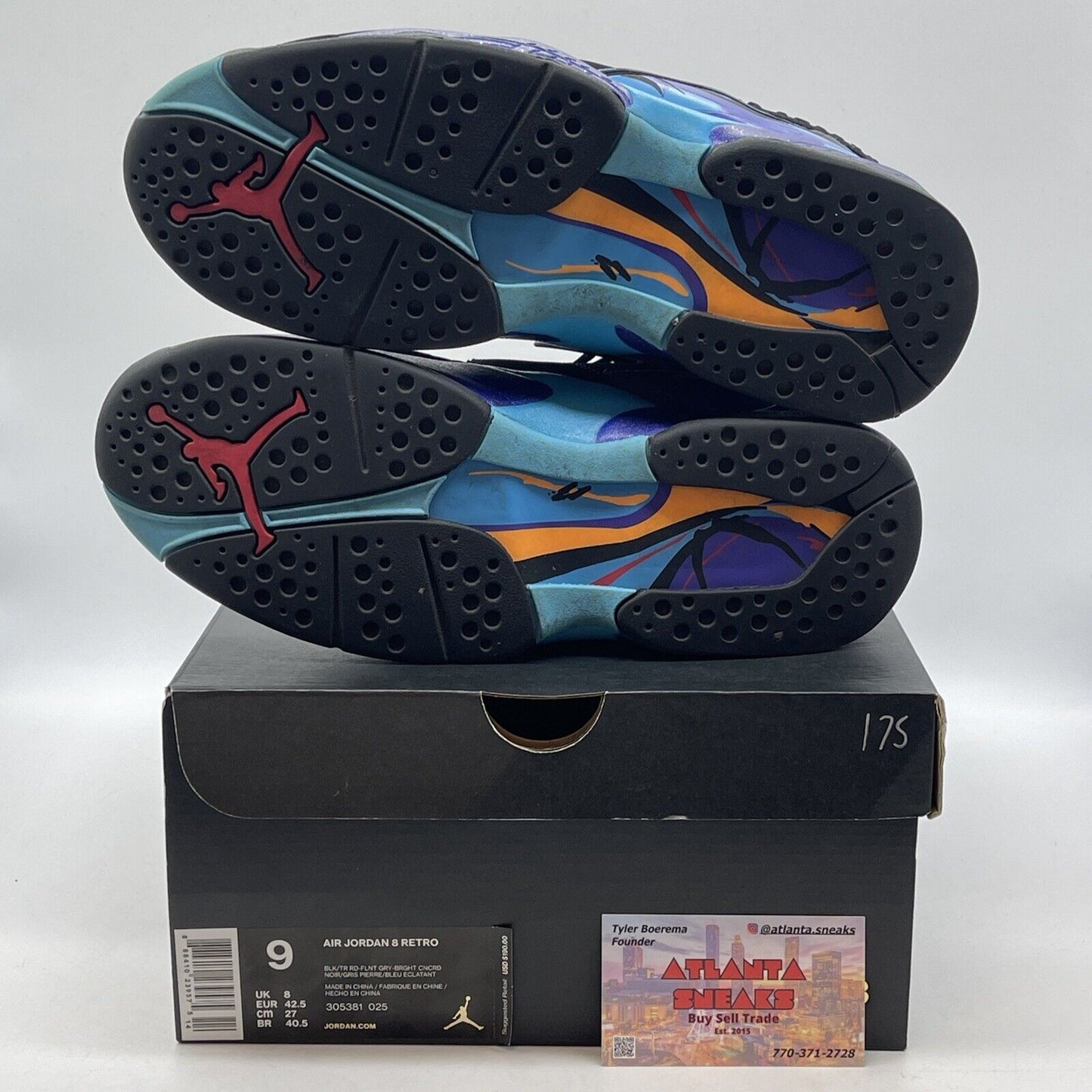 Size 9 - Jordan 8 Retro Aqua 2015 Black Blue Purple Yellow Suede (305381-025)