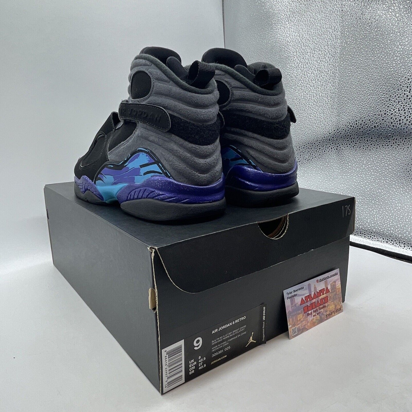 Size 9 - Jordan 8 Retro Aqua 2015 Black Blue Purple Yellow Suede (305381-025)