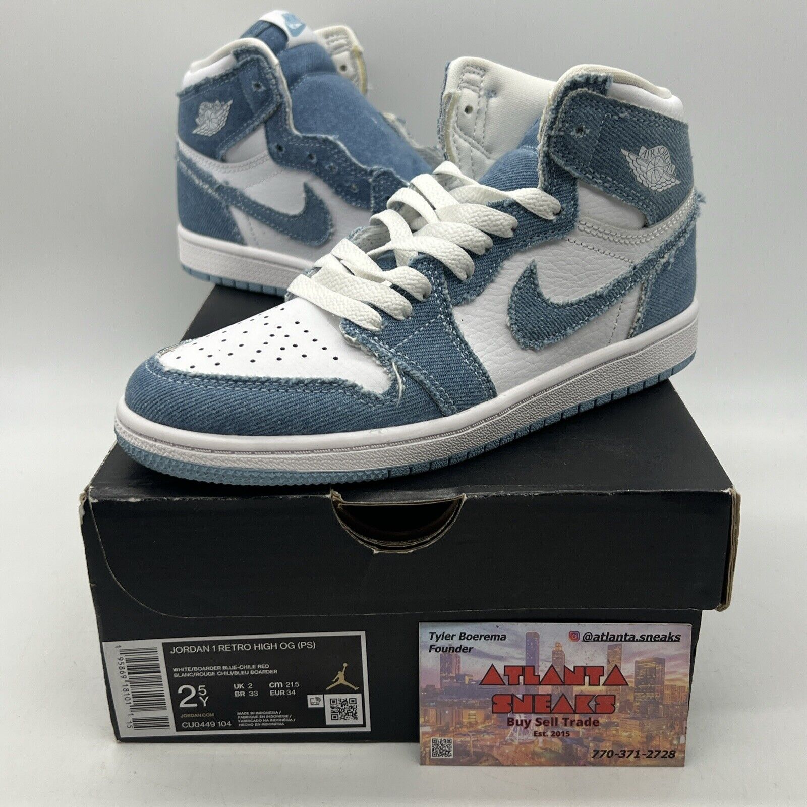 Nike Air Jordan 1 High Denim White Youth Size 2.5Y White Leather (CU0449-104)