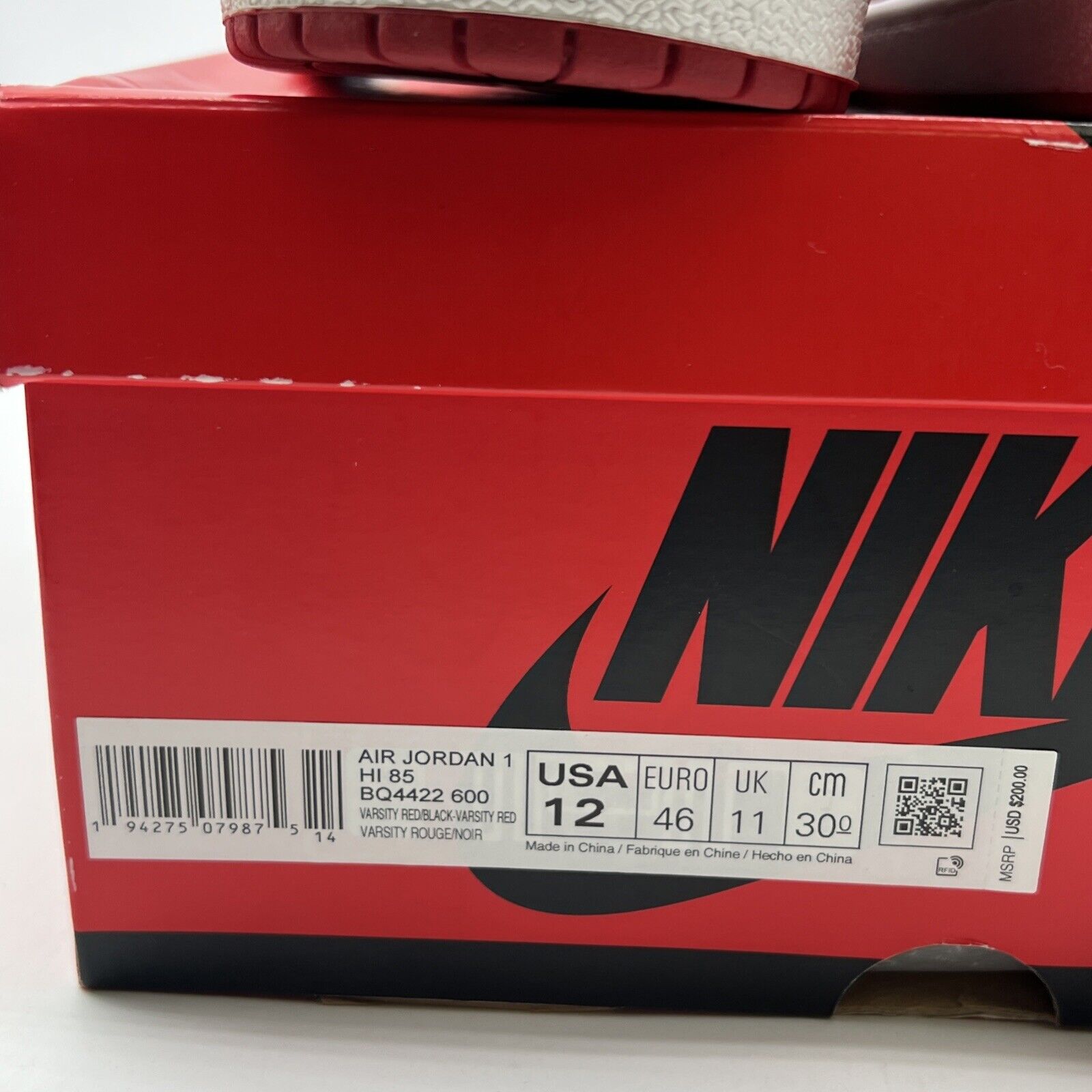 Size 12 - Jordan 1 Retro High 85 Varsity Red 2020 (BQ4422-600)