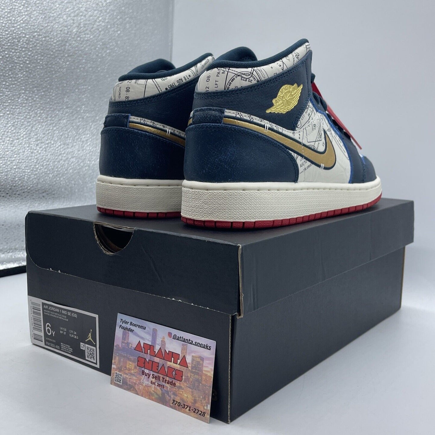 Size 6Y (GS) - Jordan 1 SE Mid Take Flight White Blue Red Gold (FN1353-400)